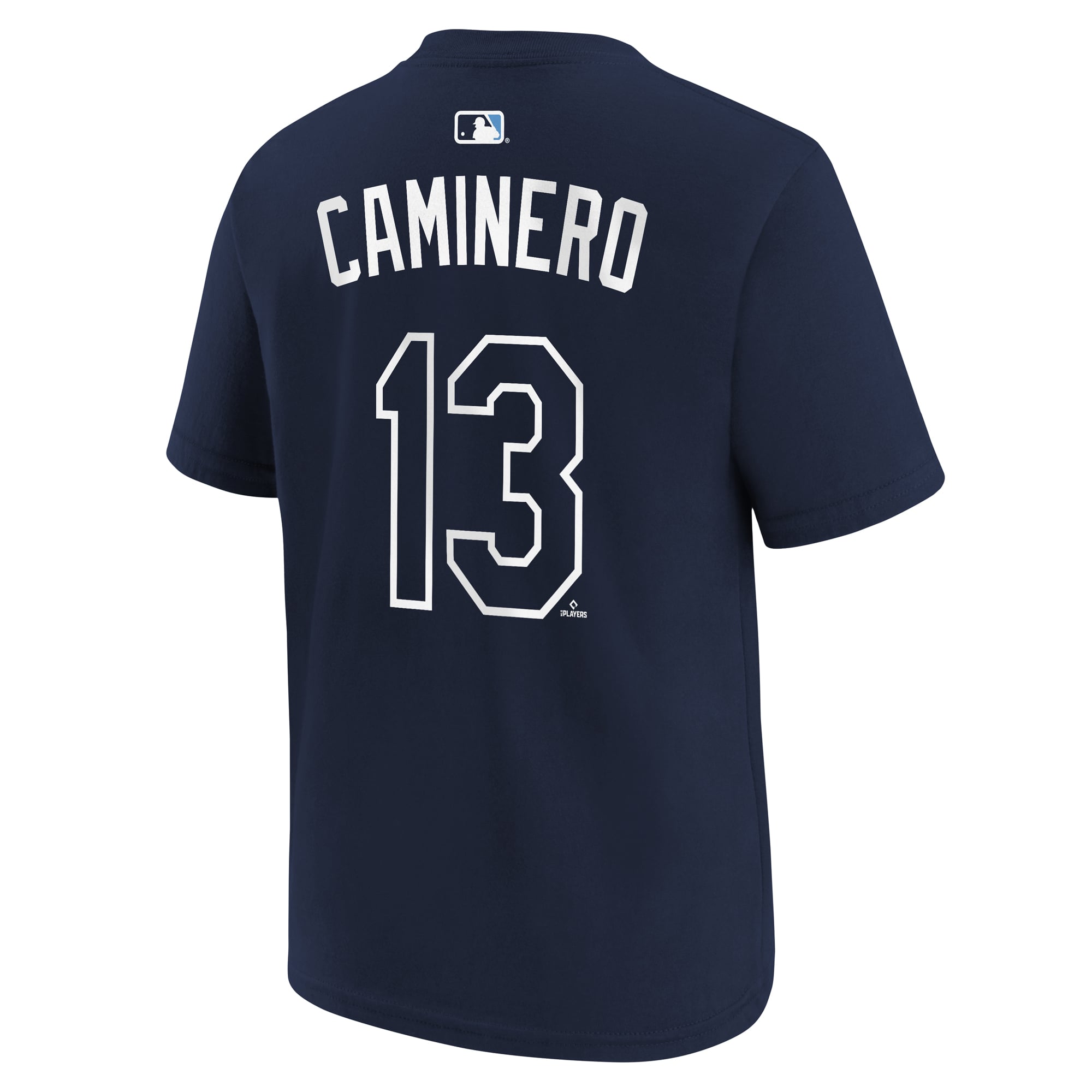 T-shirt Nike Junior Caminero bleu marine Tampa Bay Rays pour enfant, nom et numéro