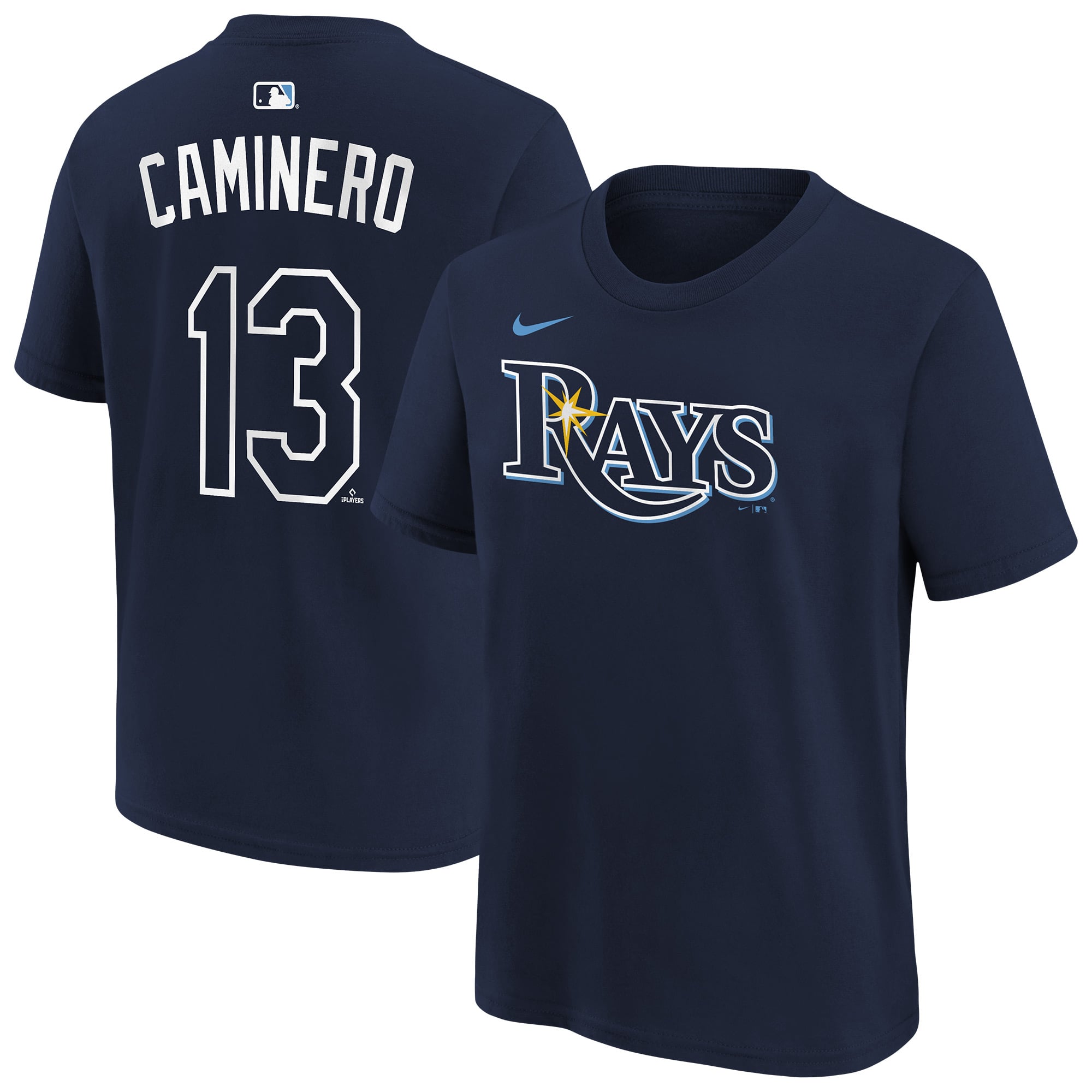 T-shirt Nike Junior Caminero bleu marine Tampa Bay Rays pour enfant, nom et numéro