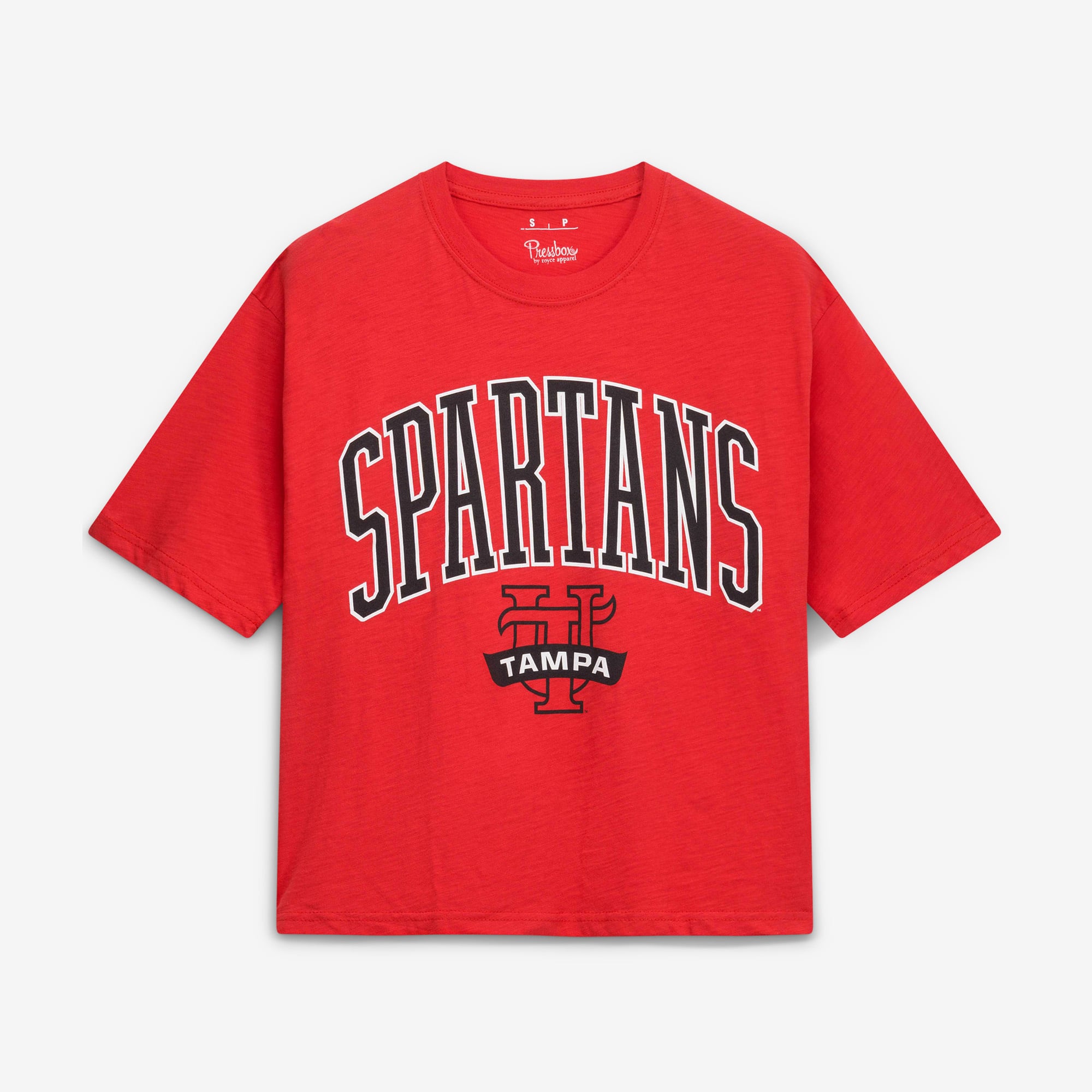 T-shirt oversize Pressbox Red Tampa Spartans pour femmes, logo Nelson Arch Over, en flammèche