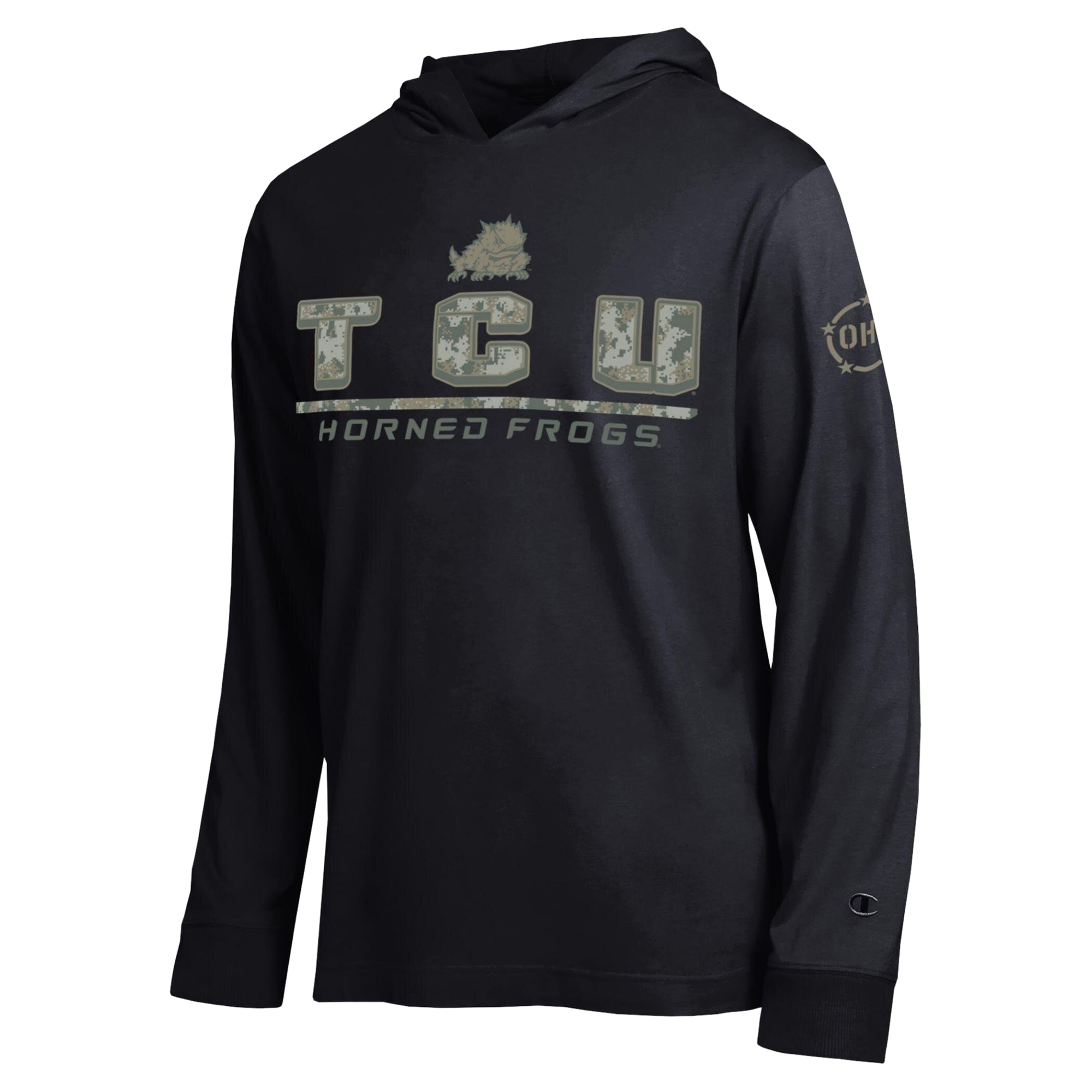 Men's Champion  Black TCU Horned Frogs Operation Hat Trick Camo Script Hooded Long Sleeve T-Shirt