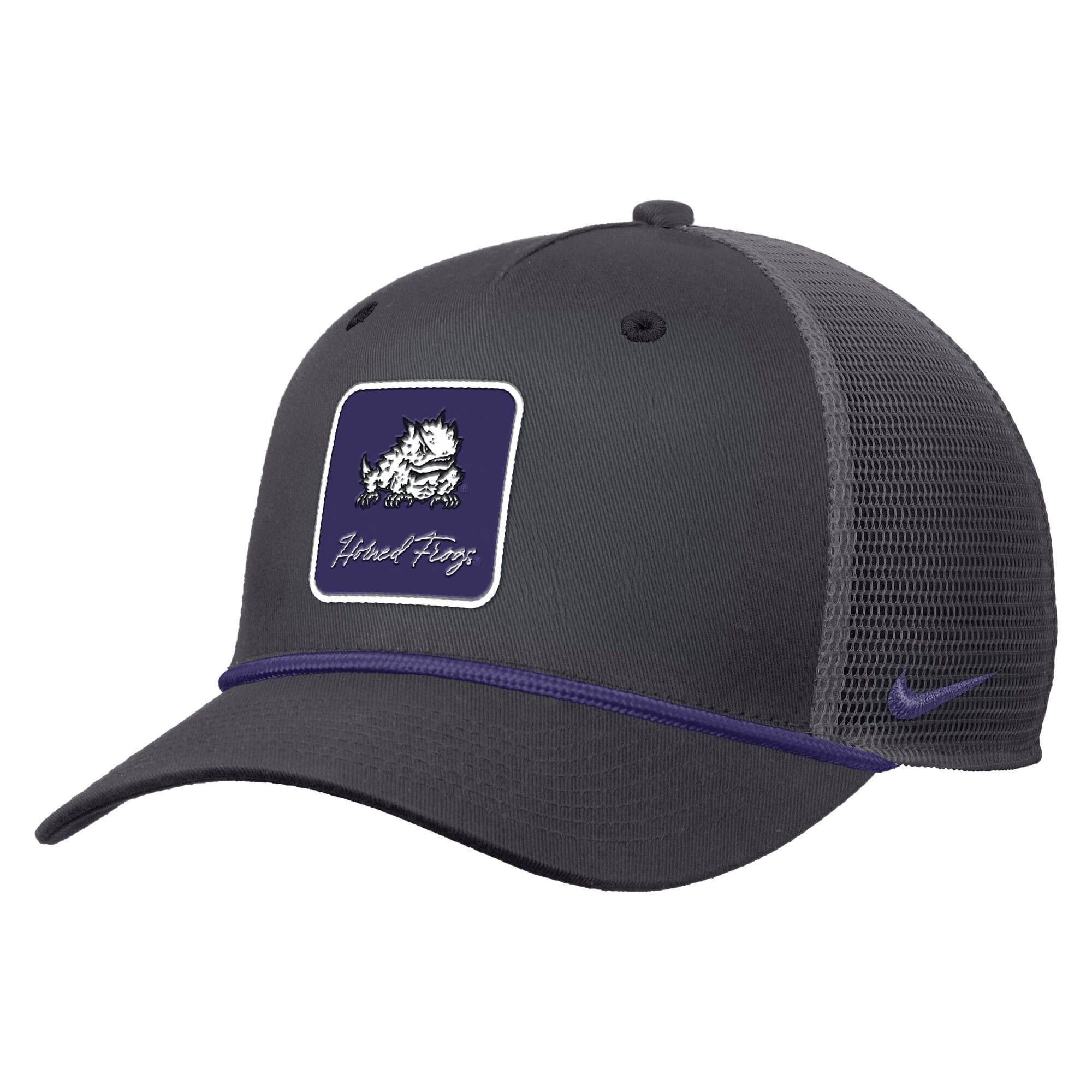 Casquette trucker Nike pour homme, modèle TCU Horned Frogs Primetime Logo Script Rise Rope, couleur anthracite, ajustable.