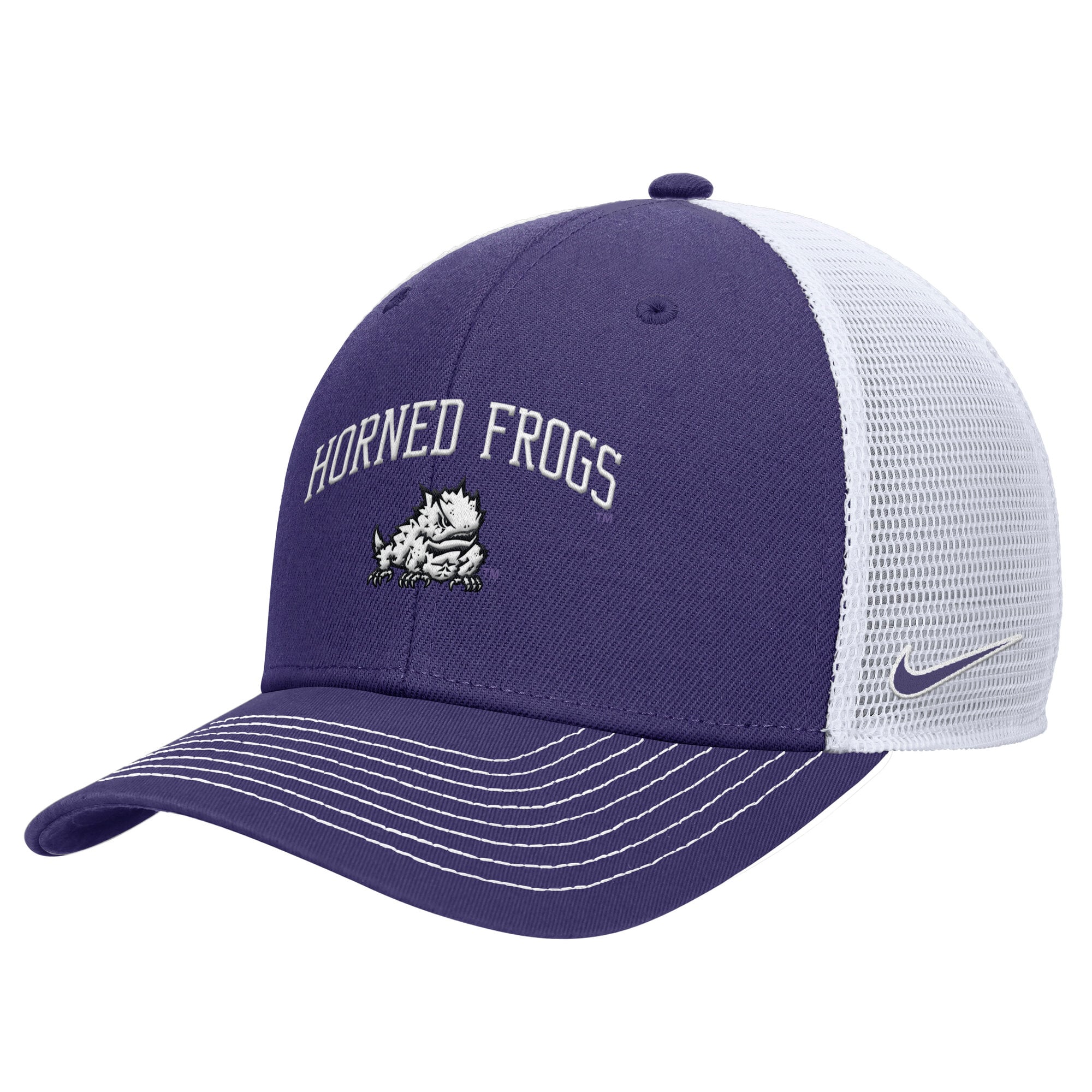 Casquette trucker Nike pour homme, modèle Horned Frogs Rise, violette, avec technologie Dri-FIT et ajustable.