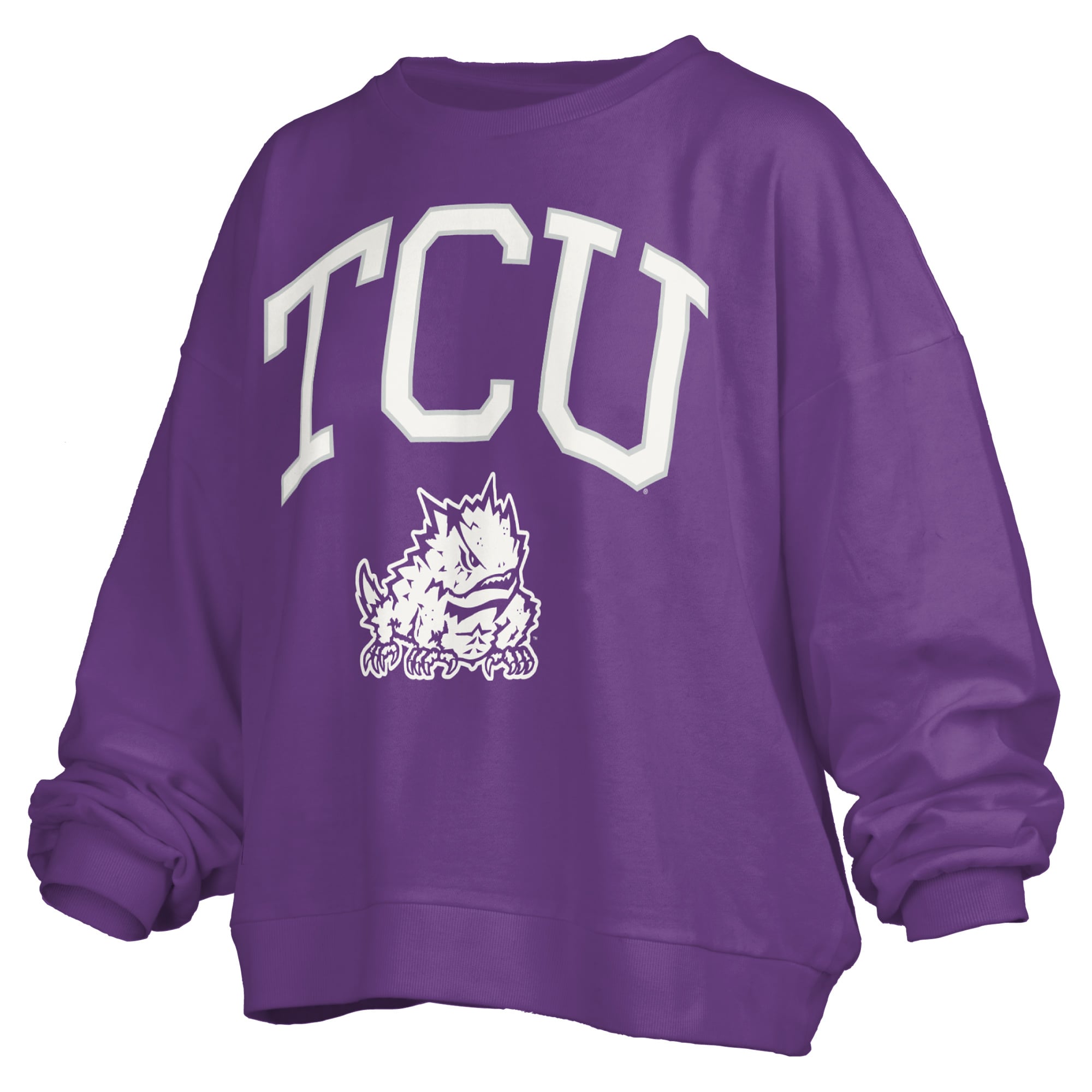 Women's Pressbox Purple TCU Horned Frogs Oversized Janise Arch Over Logo Fleece Sweatshirt