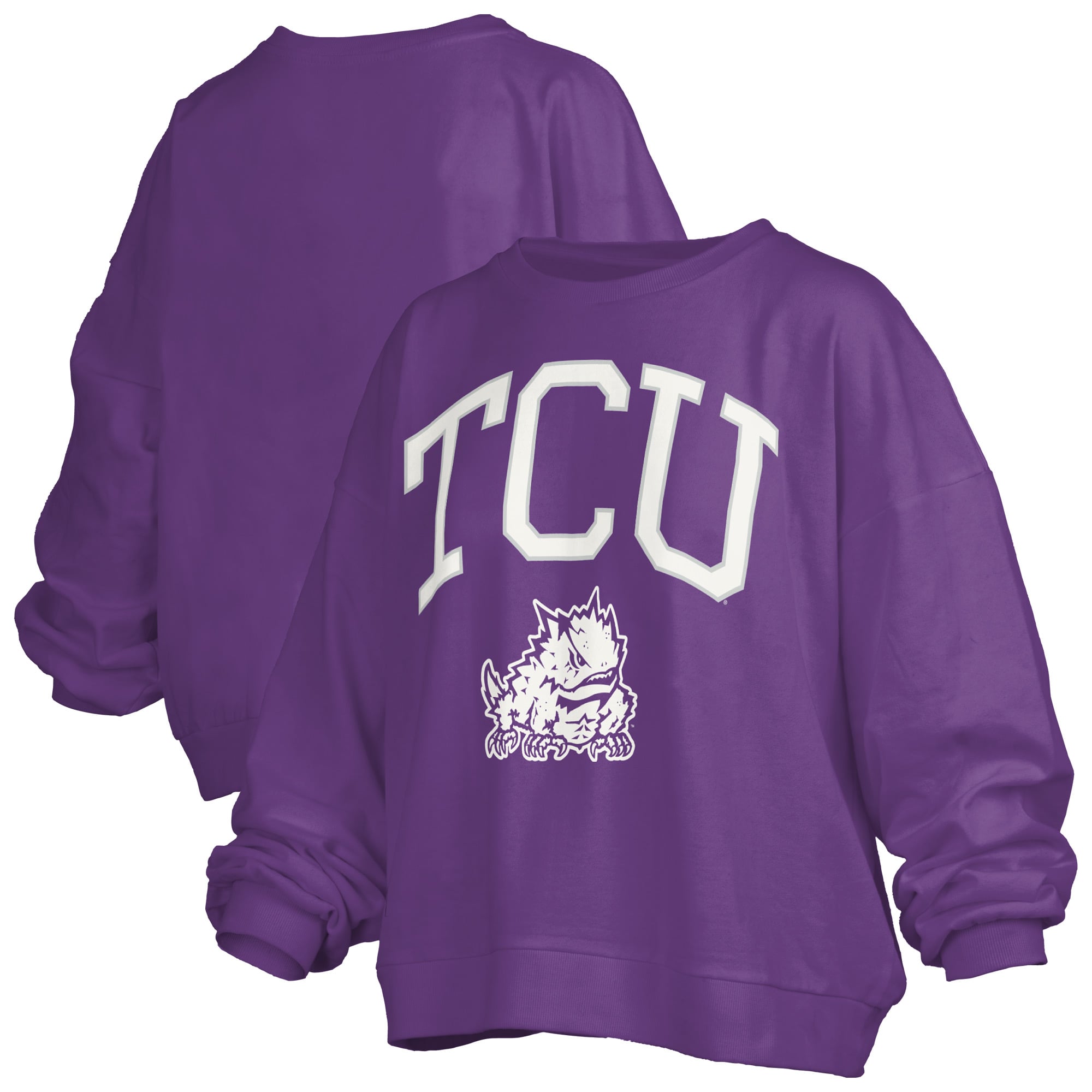 Women's Pressbox Purple TCU Horned Frogs Oversized Janise Arch Over Logo Fleece Sweatshirt
