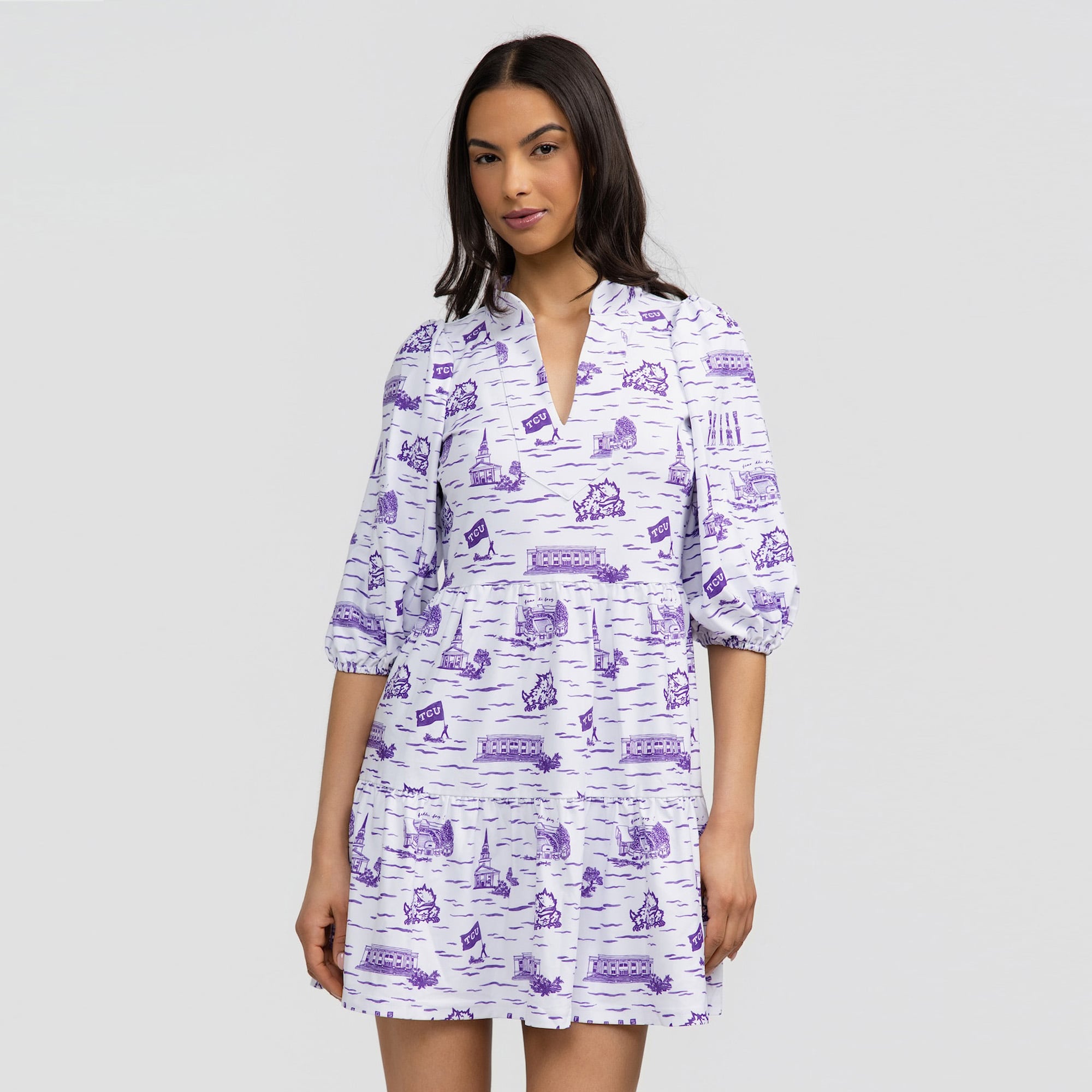 Women's Smith & Quinn White TCU Horned Frogs 3/4 Sleeve Toile Tory Dress