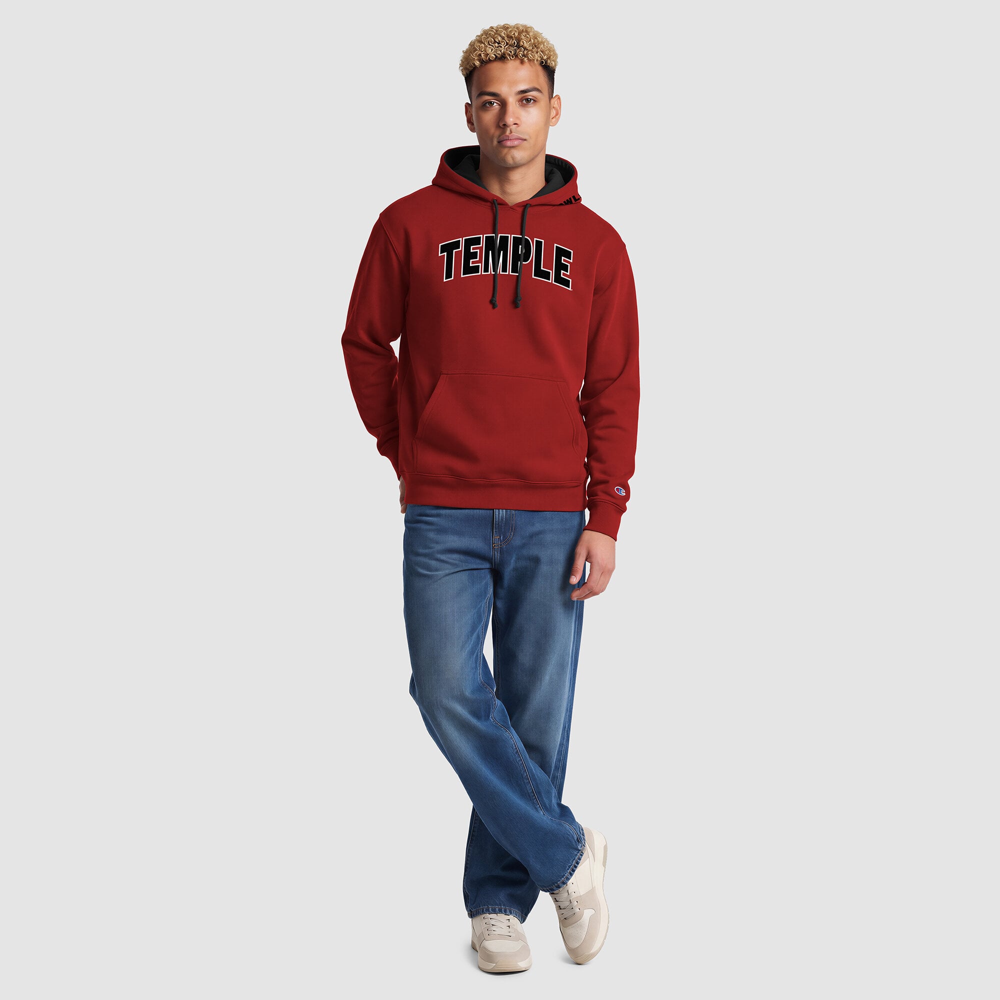 Sweat à capuche contrasté Champion pour homme, motif hibou des temples cerise/noir