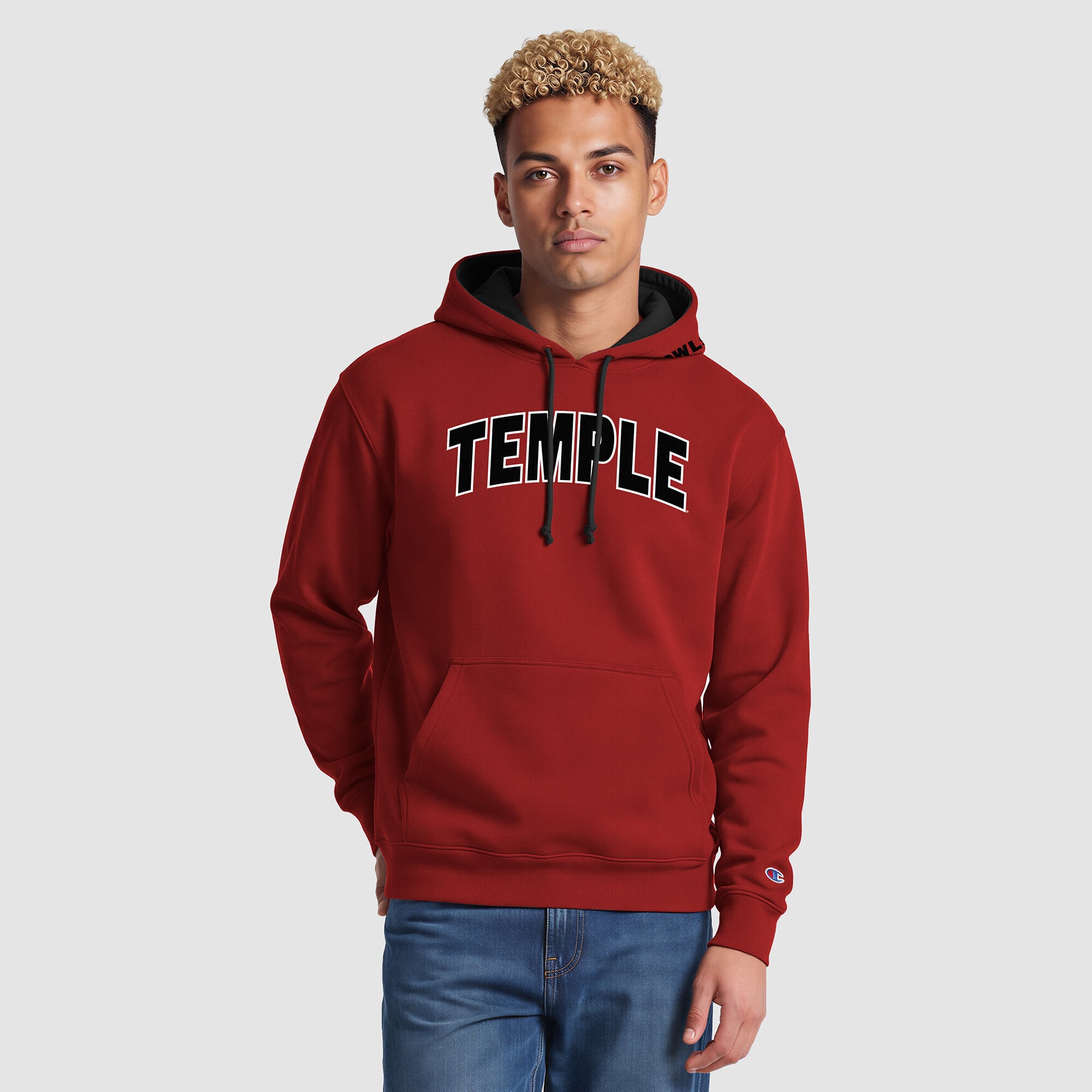 Sweat à capuche contrasté Champion pour homme, motif hibou des temples cerise/noir