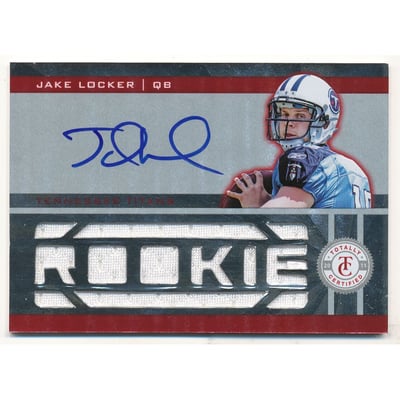 2011 Totally Certified Freshman Fabric Signatures Red #215 Jake Locker JSY AU/200
