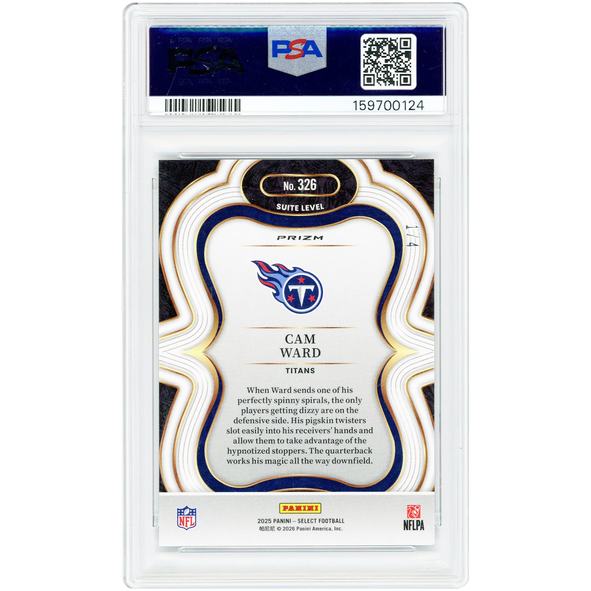 Carte de recrue Cam Ward Tennessee Titans 2025 Panini Select Pink Prizm n° 326, authentifiée PSA 10 (n° 1/4).