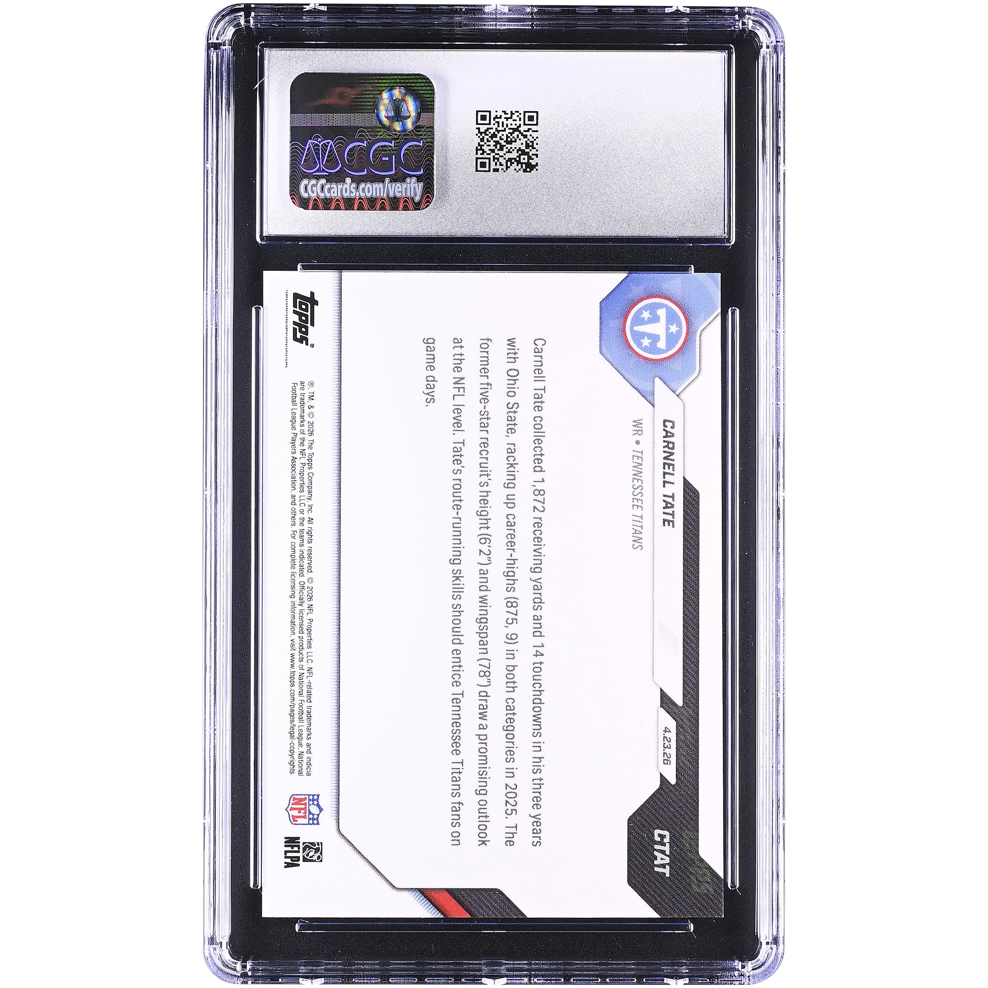 Carnell Tate Tennessee Titans 2026 Topps Now Titans 4th Overall '26 NFL Draft Selection #CTAT CGC Authenticated GEM MINT 10 Rookie Card