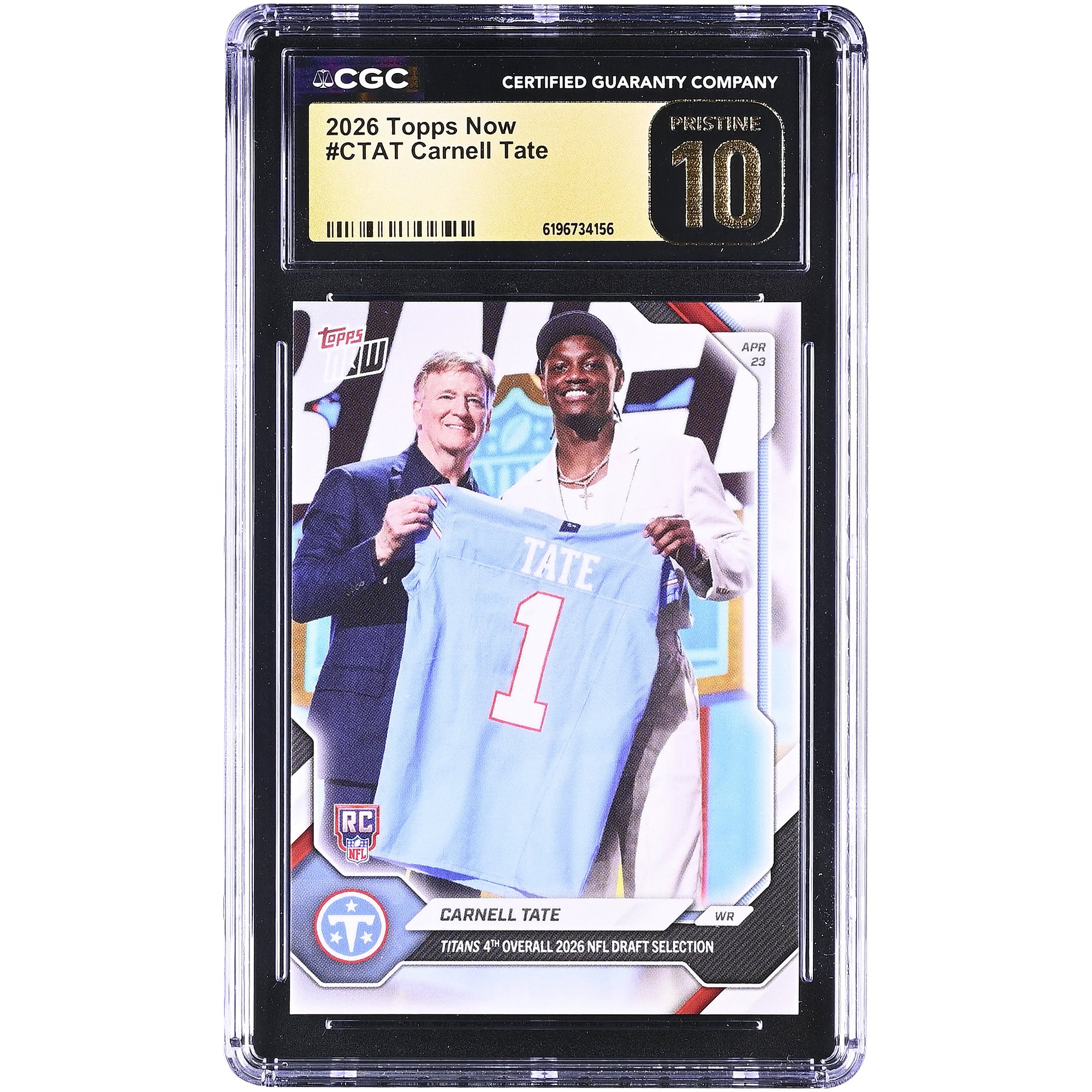 Carte de recrue Carnell Tate, Tennessee Titans, 4e choix au total de la draft NFL 2026, Topps Now Titans, #CTAT, authentifiée CGC