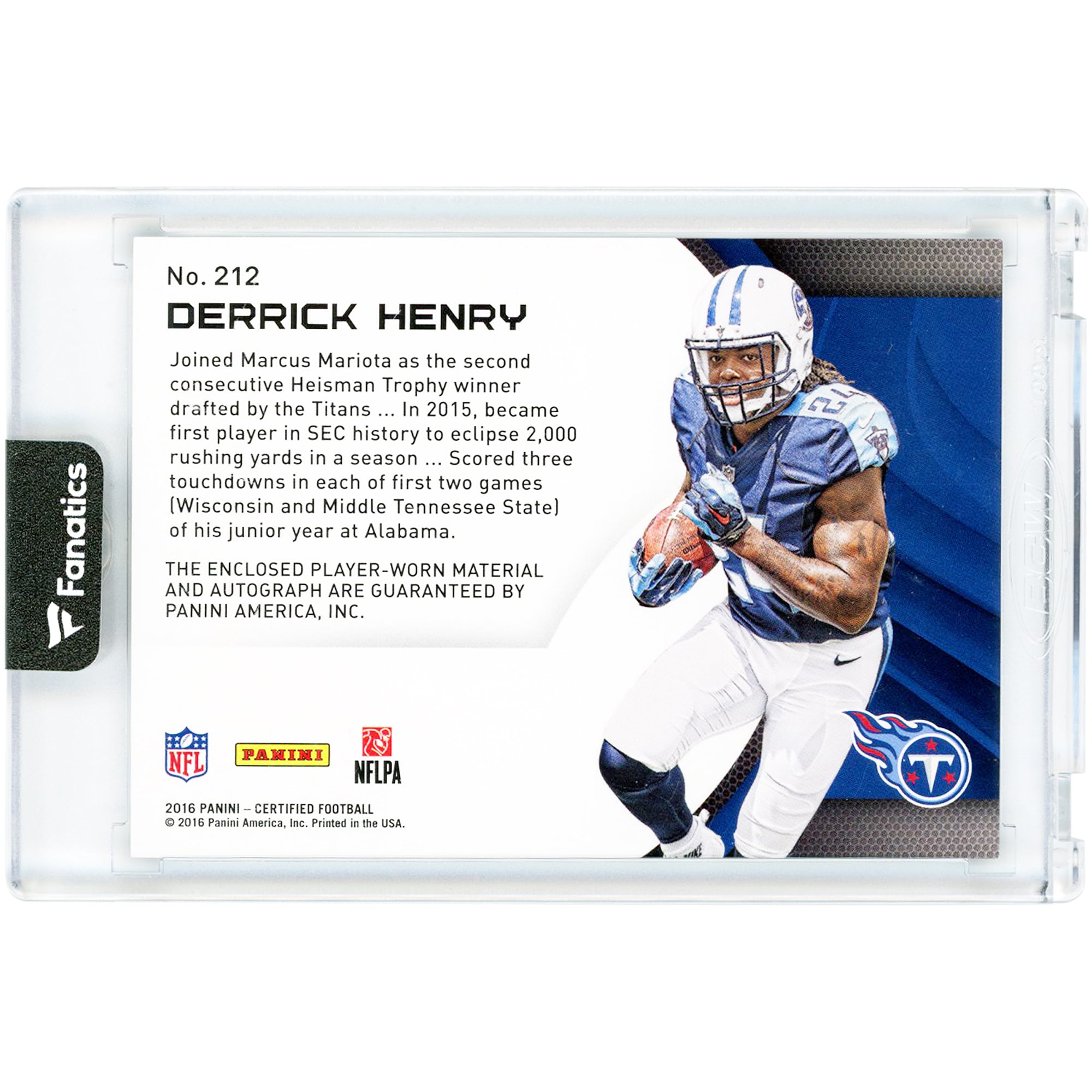 Carte de recrue autographiée de Derrick Henry (Tennessee Titans) 2016 Panini Certified Tri-Color Relic n° 212 n° 10/149