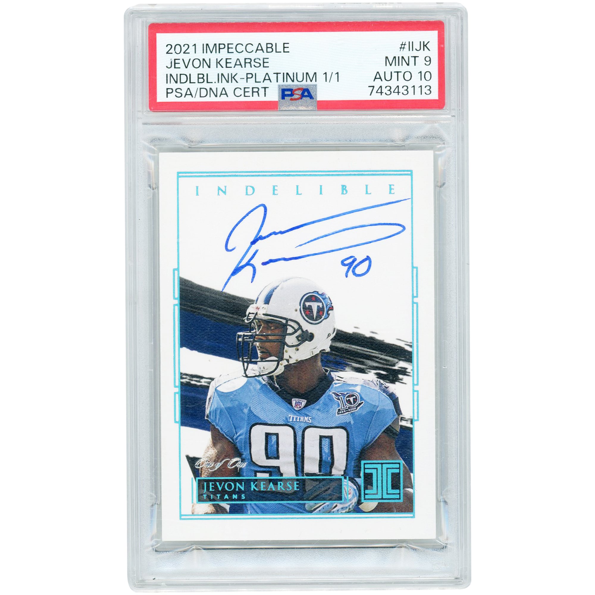 Jevon Kearse Tennessee Titans Autographed 2021 Panini Impeccable Platinum Indelible #II-JK #1/1 PSA Authenticated 9/10 Card
