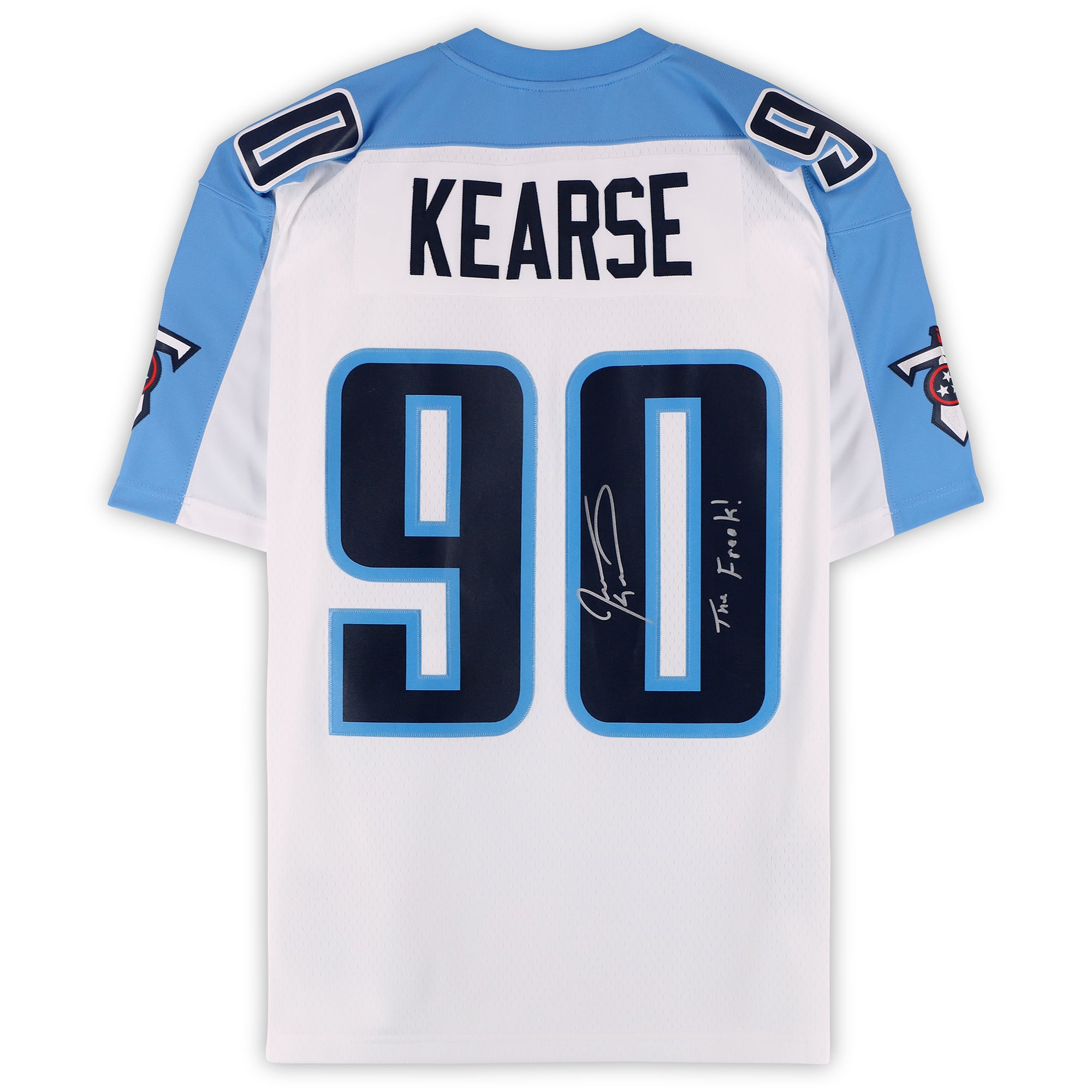 Maillot réplique blanc Mitchell & Ness 1999 autographié par Jevon Kearse des Tennessee Titans, avec inscription « The Freak ».