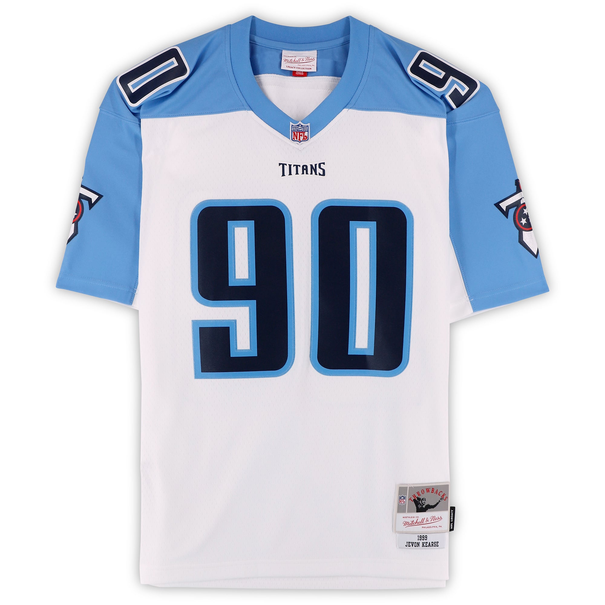 Maillot réplique blanc Mitchell & Ness 1999 autographié par Jevon Kearse des Tennessee Titans, avec inscription « The Freak ».