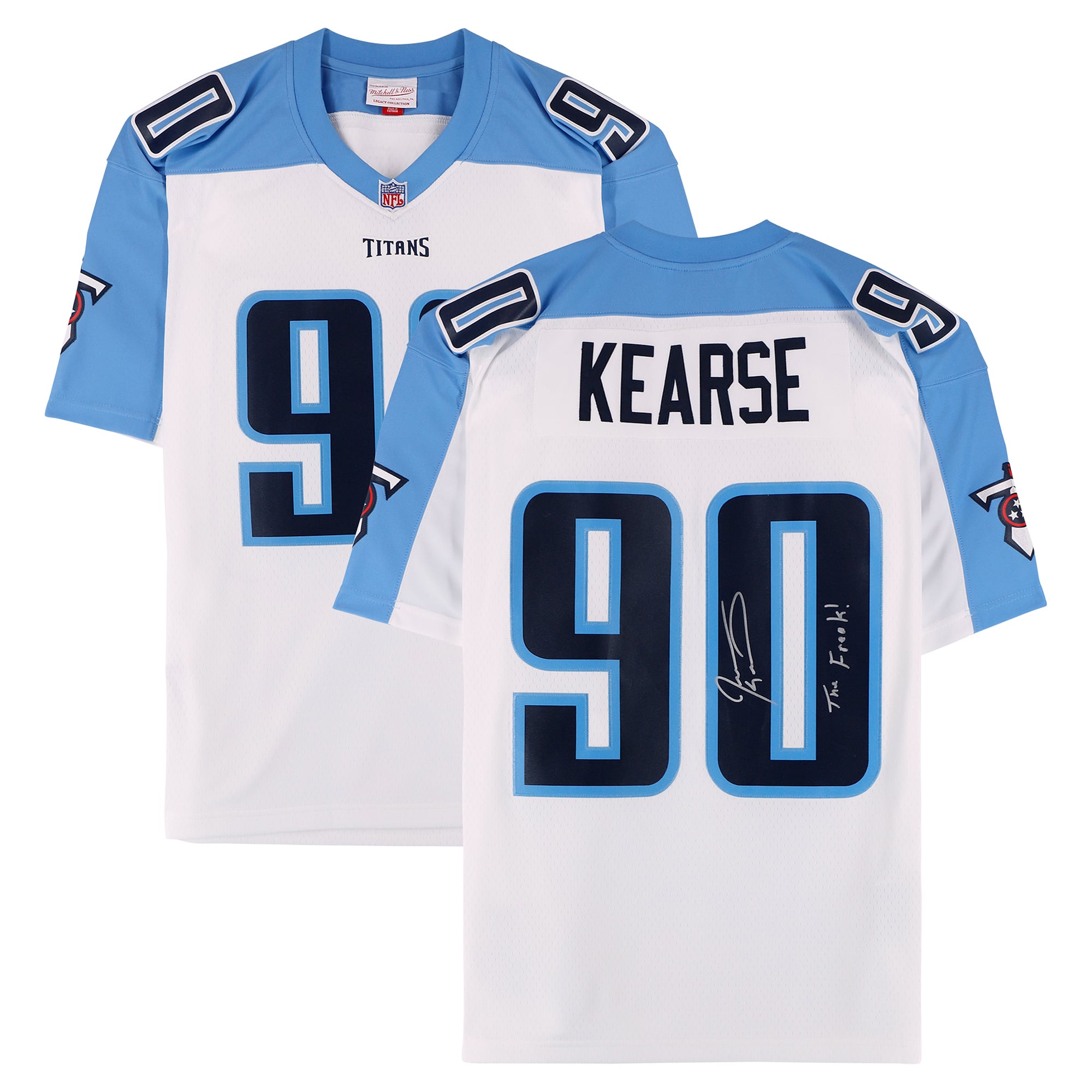 Maillot réplique blanc Mitchell & Ness 1999 autographié par Jevon Kearse des Tennessee Titans, avec inscription « The Freak ».