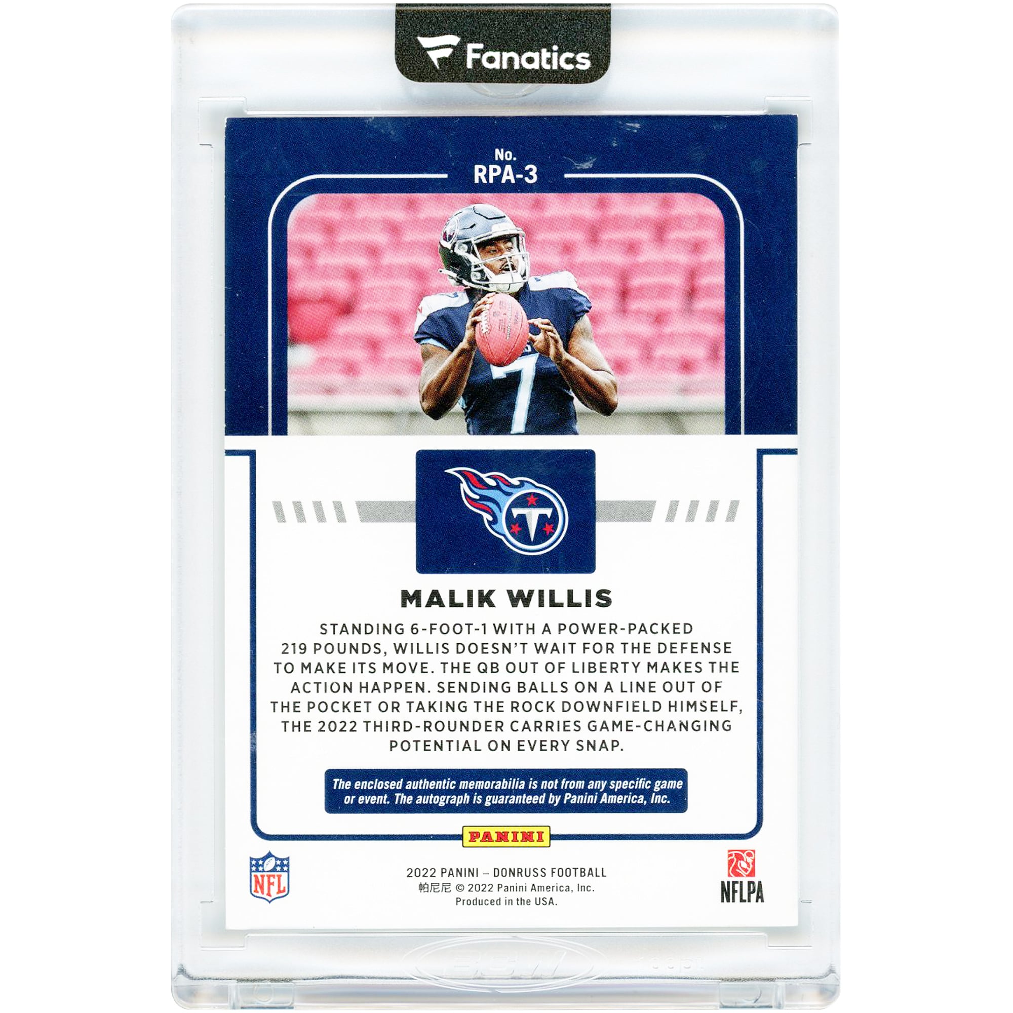 Malik Willis Tennessee Titans Autographed 2022 Panini Donruss Rookie Phenom Jersey Relic #RPA-3 #57/99 Rookie Card
