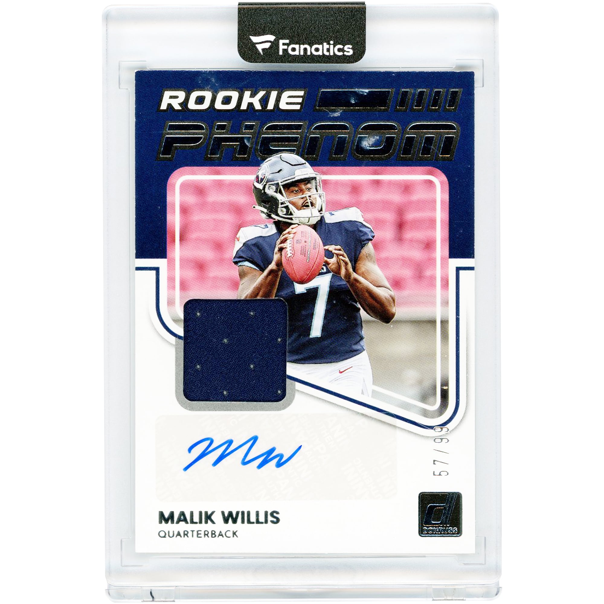 Malik Willis Tennessee Titans Autographed 2022 Panini Donruss Rookie Phenom Jersey Relic #RPA-3 #57/99 Rookie Card