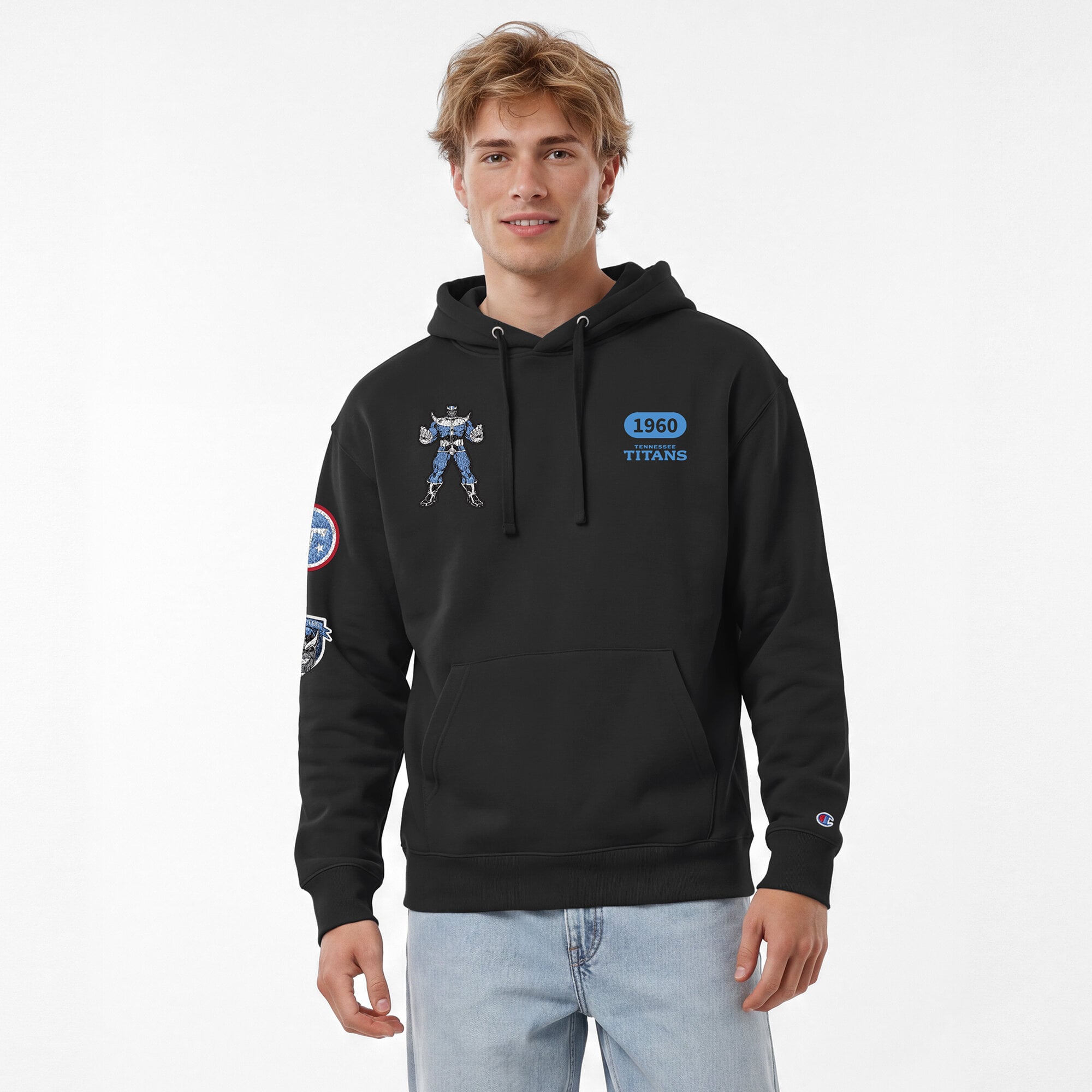 Sweat à capuche Disney x Champion noir Tennessee Titans Thanos All-Star pour homme
