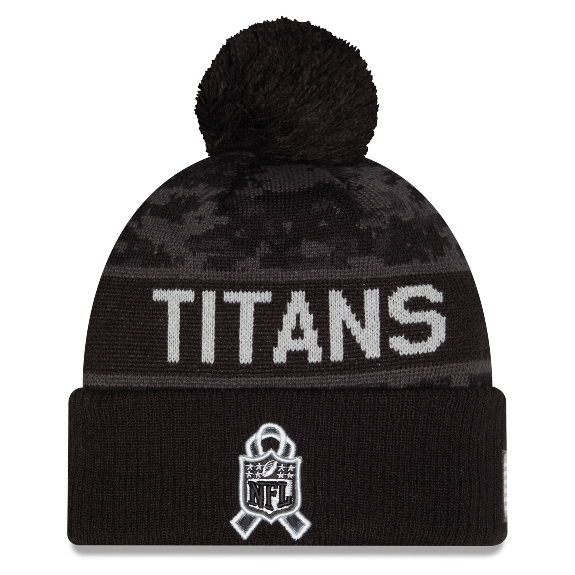 Bonnet à revers New Era noir Tennessee Titans 2026 Salute To Service pour homme, avec pompon
