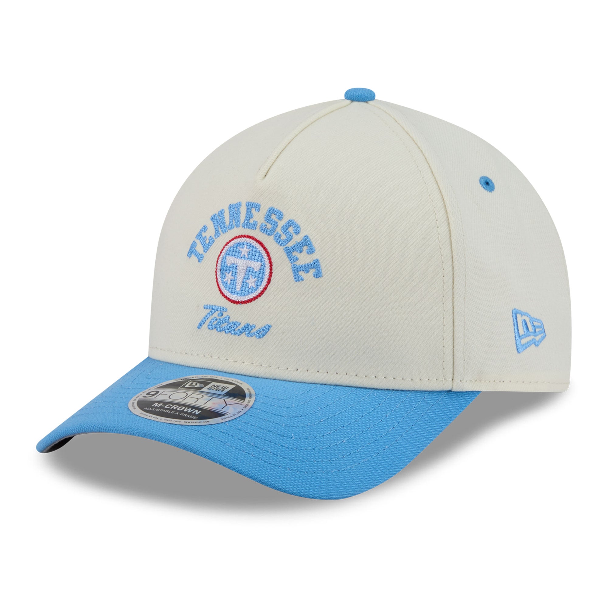 Casquette ajustable New Era Arch 9FORTY A-Frame M-Crown pour homme, couleur crème/bleu clair, Tennessee Titans.