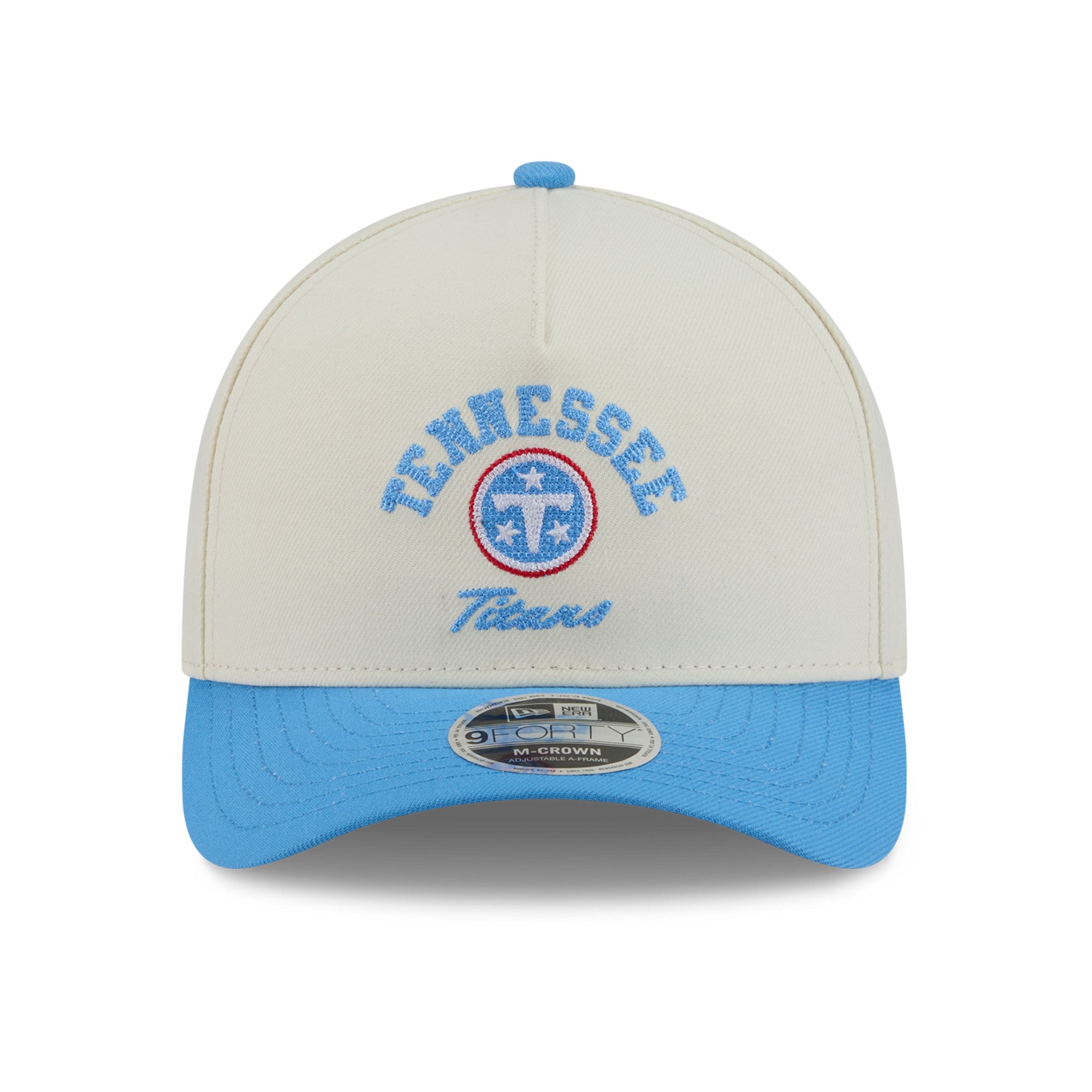 Casquette ajustable New Era Arch 9FORTY A-Frame M-Crown pour homme, couleur crème/bleu clair, Tennessee Titans.