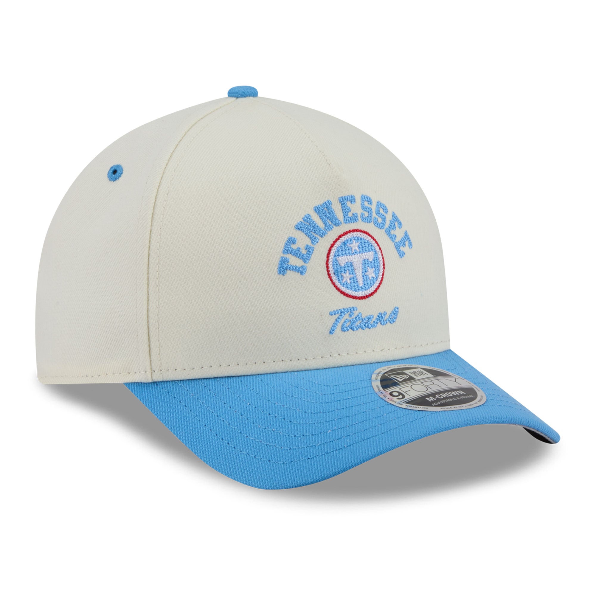Casquette ajustable New Era Arch 9FORTY A-Frame M-Crown pour homme, couleur crème/bleu clair, Tennessee Titans.