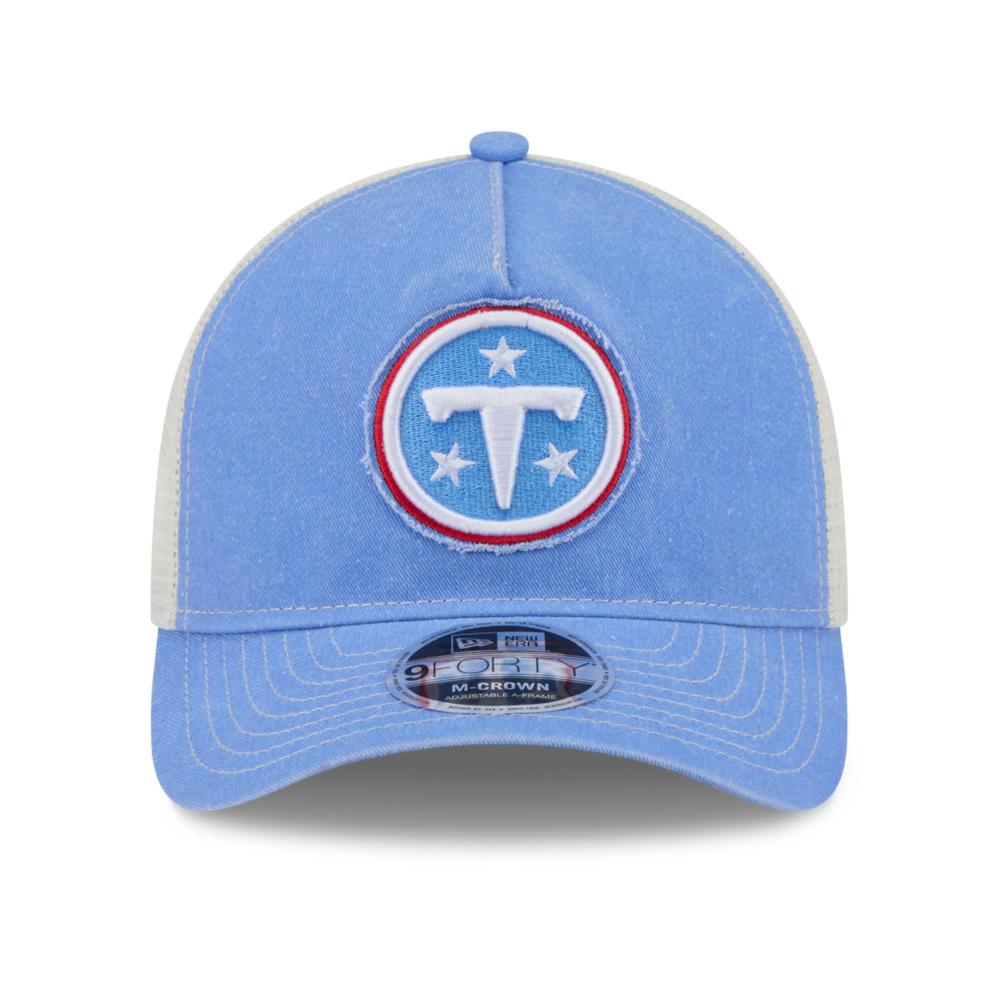 Casquette trucker ajustable New Era 9FORTY bleu clair pour homme, modèle A-Frame, aux couleurs des Tennessee Titans.
