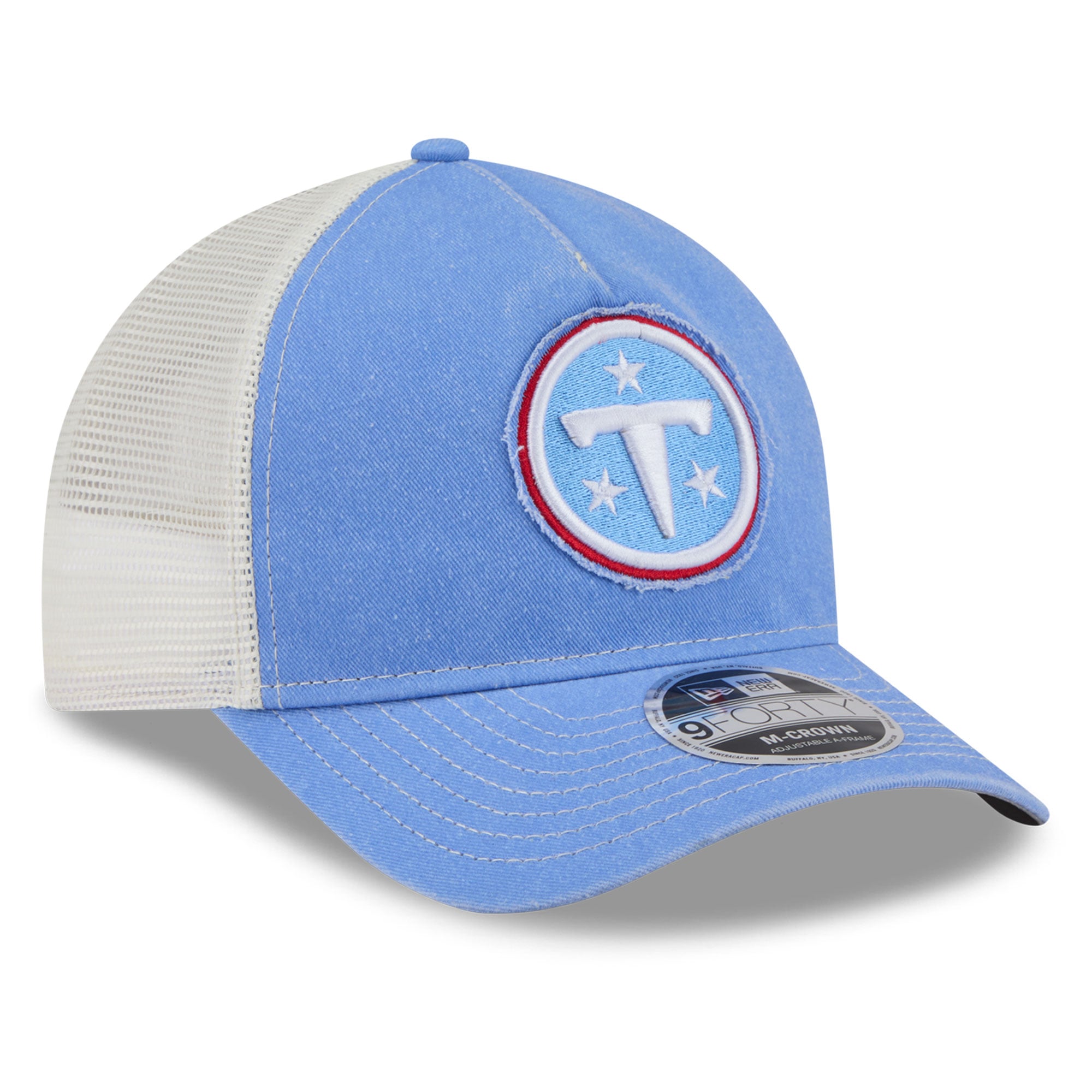 Casquette trucker ajustable New Era 9FORTY bleu clair pour homme, modèle A-Frame, aux couleurs des Tennessee Titans.