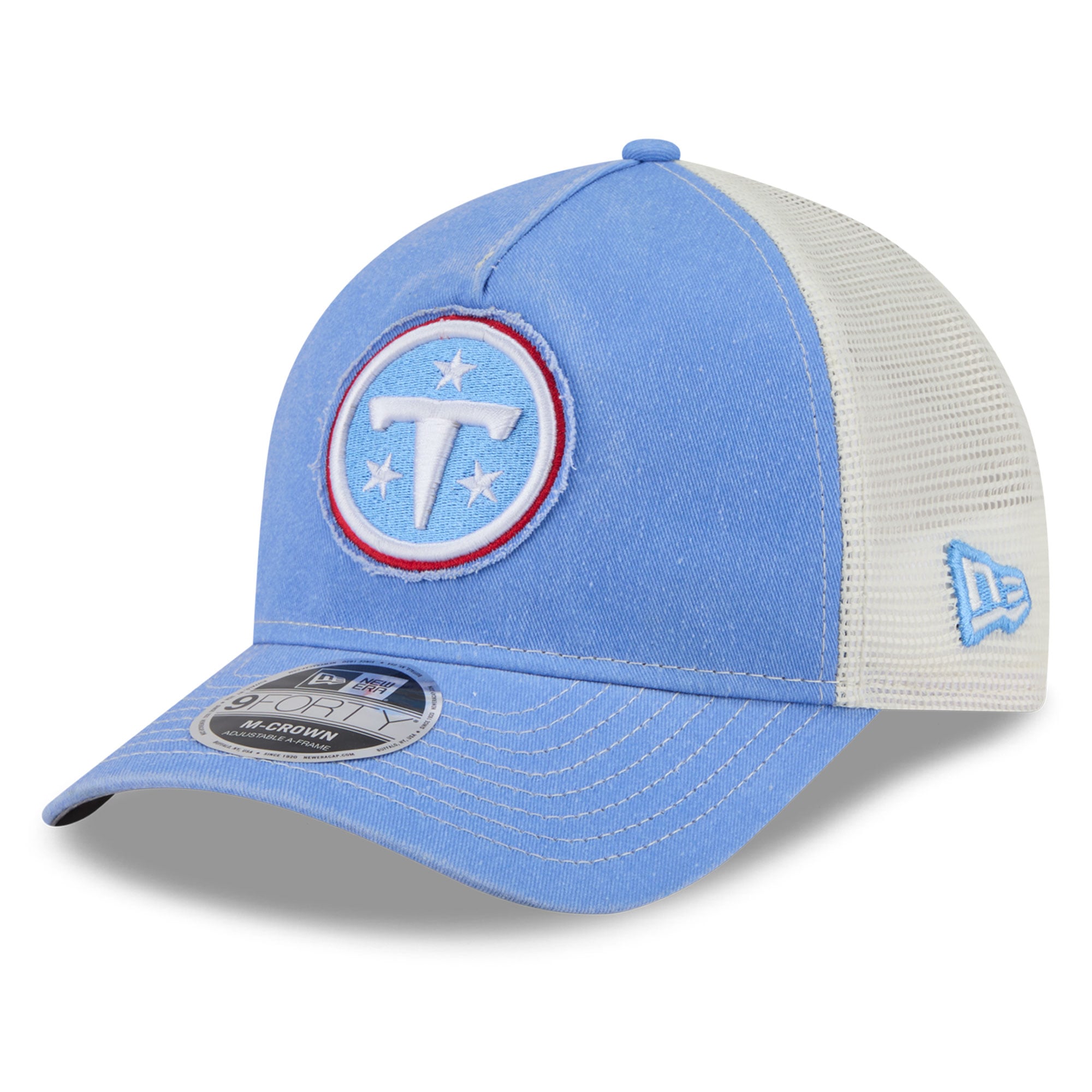 Casquette trucker ajustable New Era 9FORTY bleu clair pour homme, modèle A-Frame, aux couleurs des Tennessee Titans.