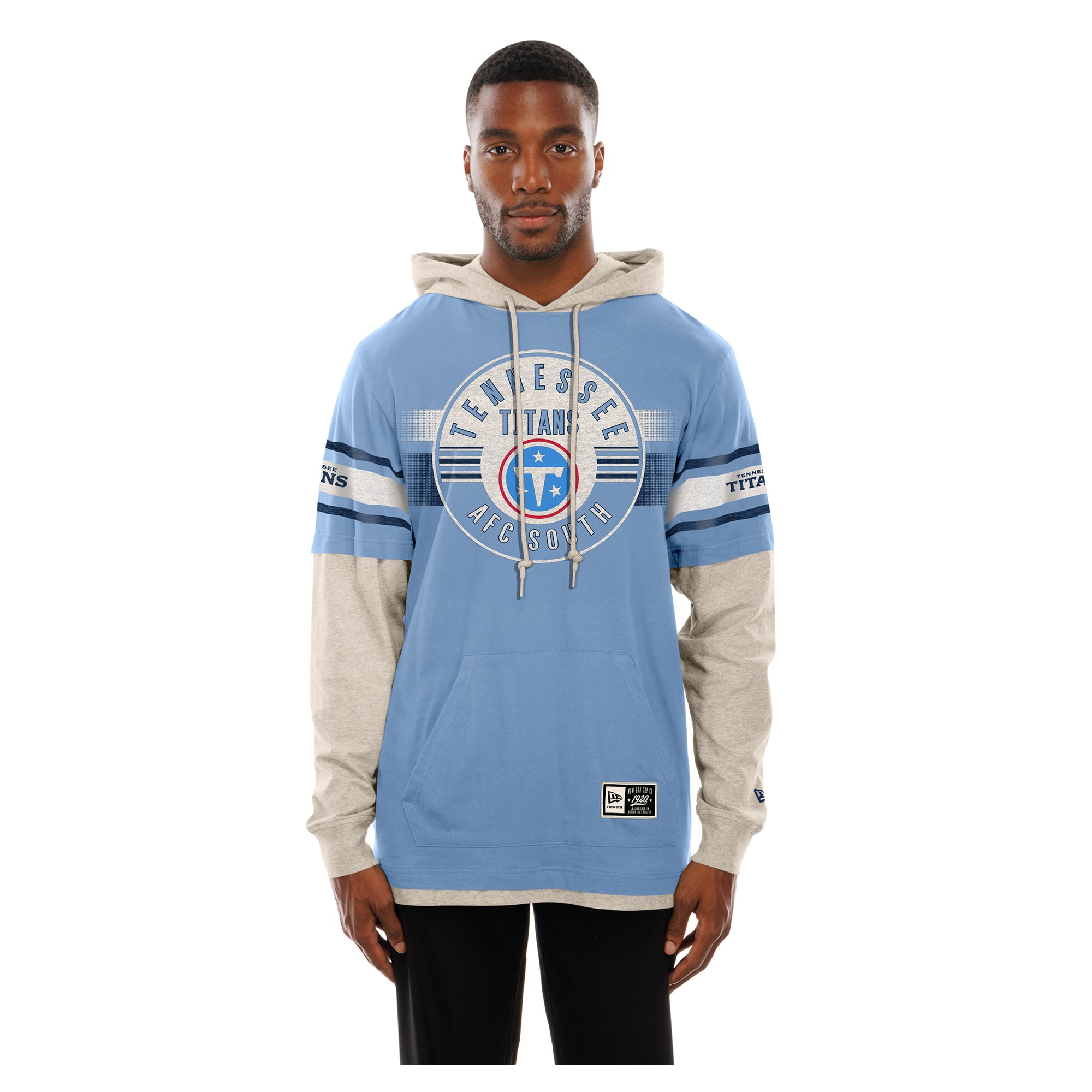 Men's New Era Light Blue Tennessee Titans Twofer Layered Long Sleeve Hooded T-Shirt