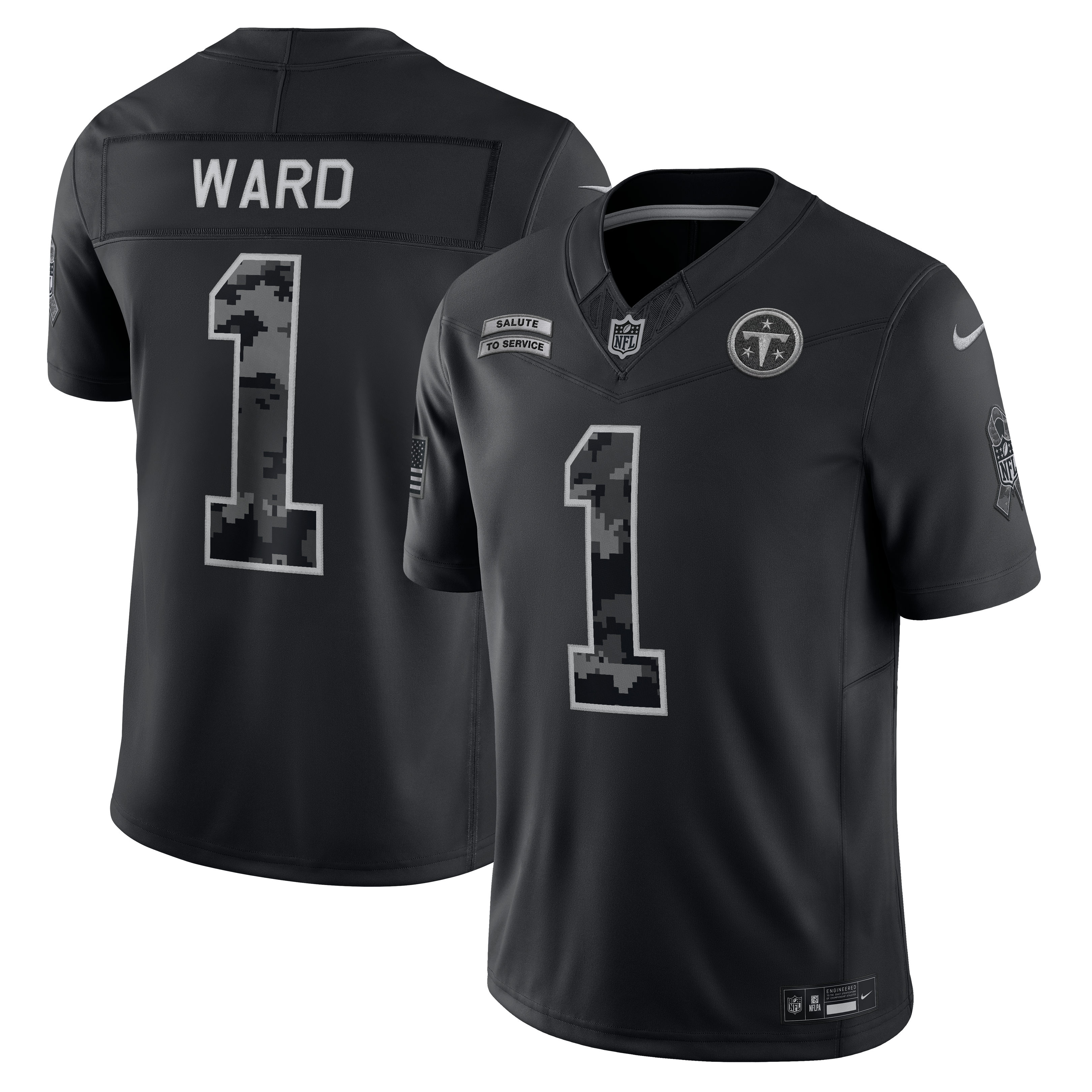 Maillot Nike Cameron Ward noir Tennessee Titans 2026 Salute to Service, édition limitée cousue