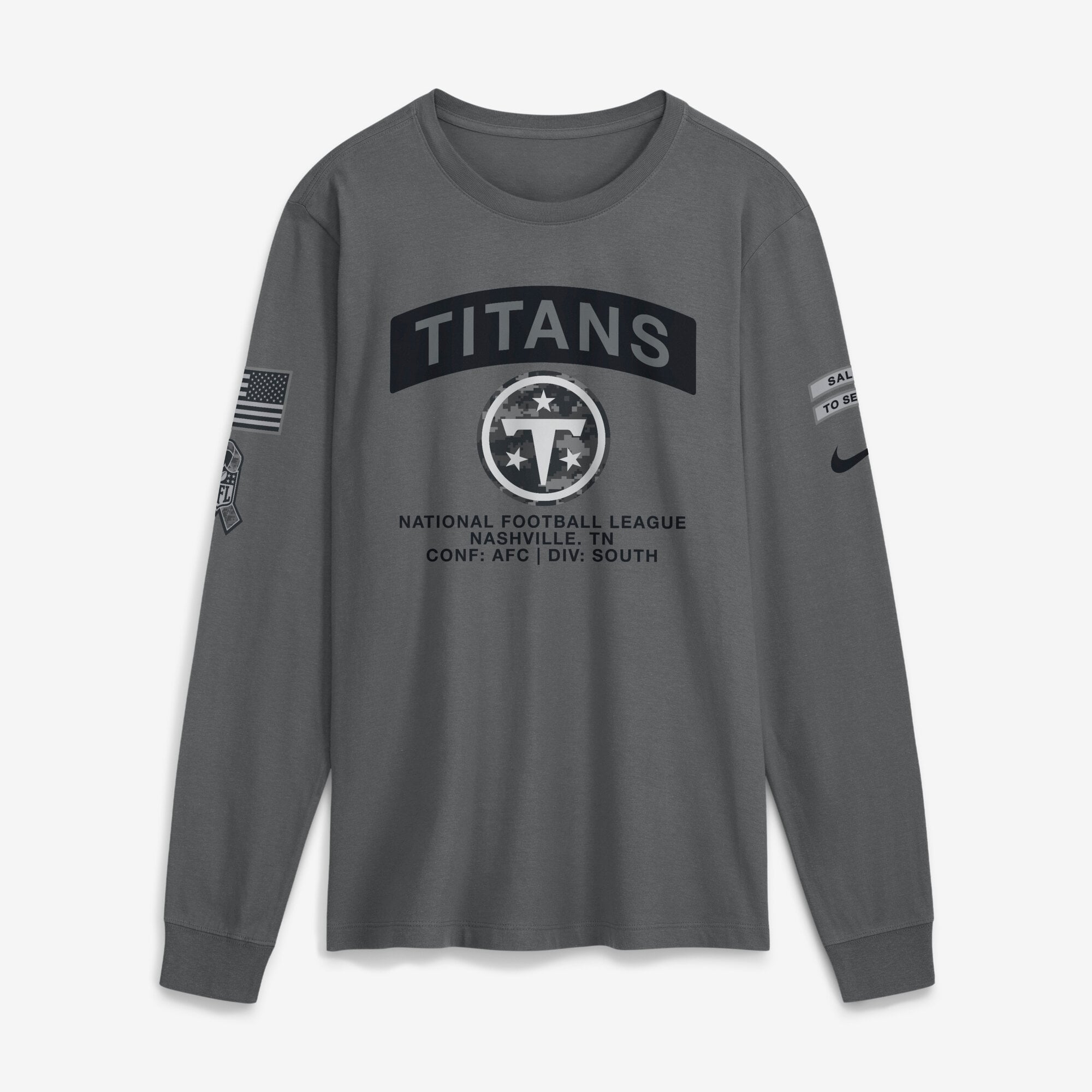T-shirt à manches longues Nike gris Tennessee Titans 2026 Salute to Service pour homme