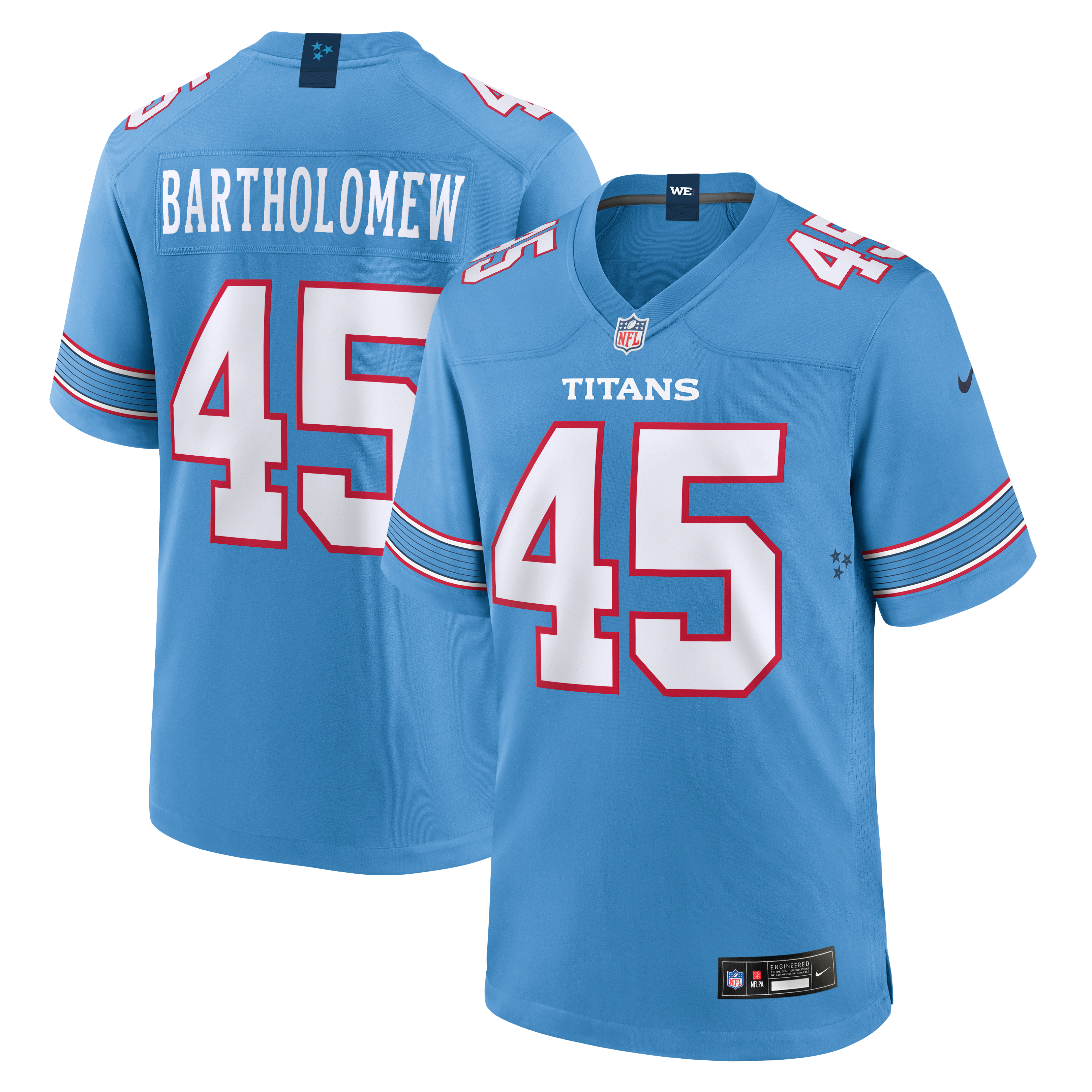 Maillot de match Nike Shemar Bartholomew bleu clair des Tennessee Titans pour homme