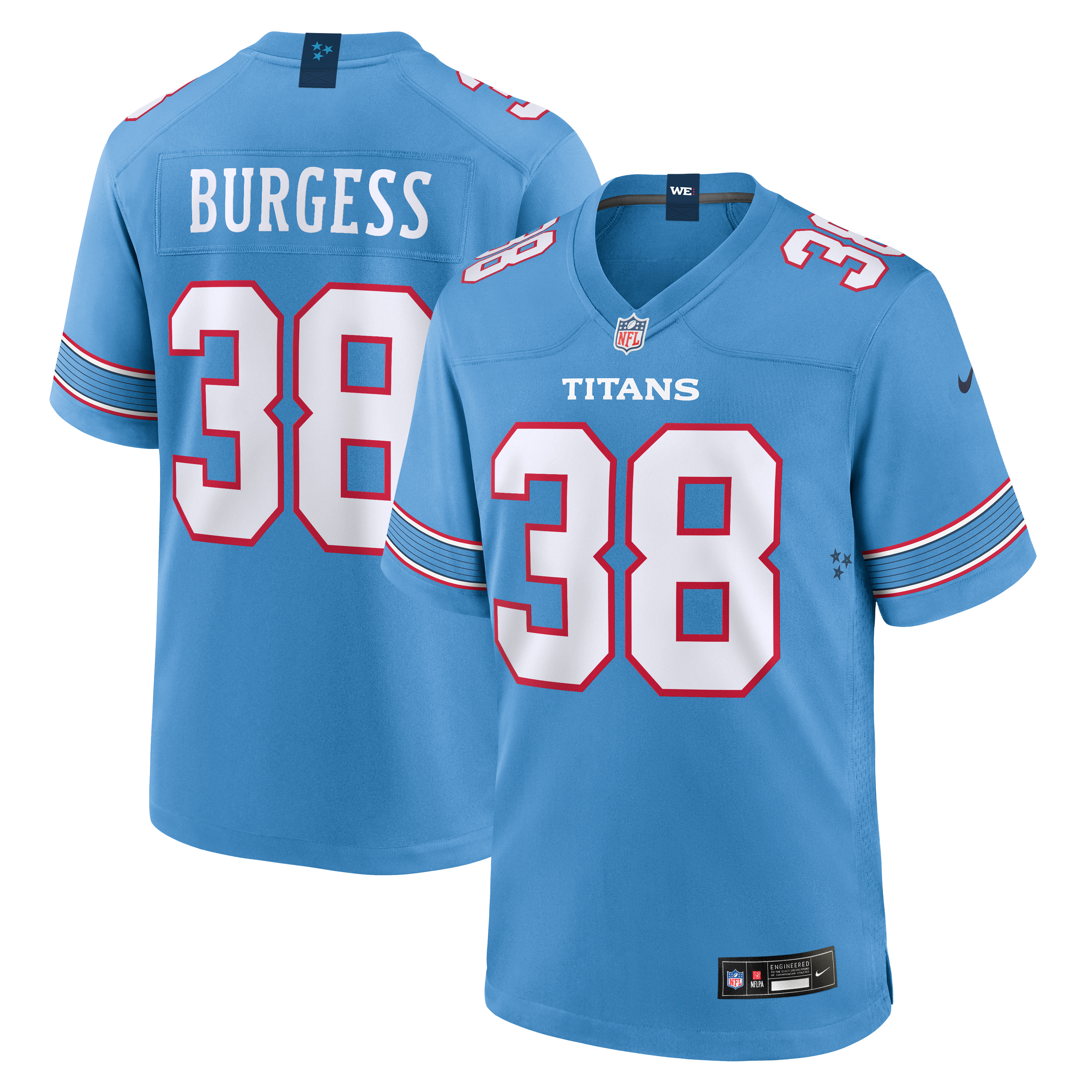 Maillot de match Nike Terrell Burgess bleu clair des Tennessee Titans pour homme