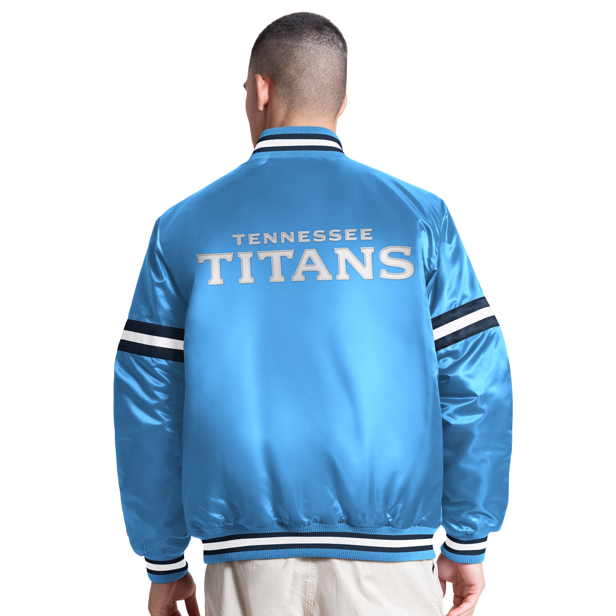 Veste universitaire Starter bleu clair pour homme, modèle Courtside des Tennessee Titans, fermeture à boutons-pression.