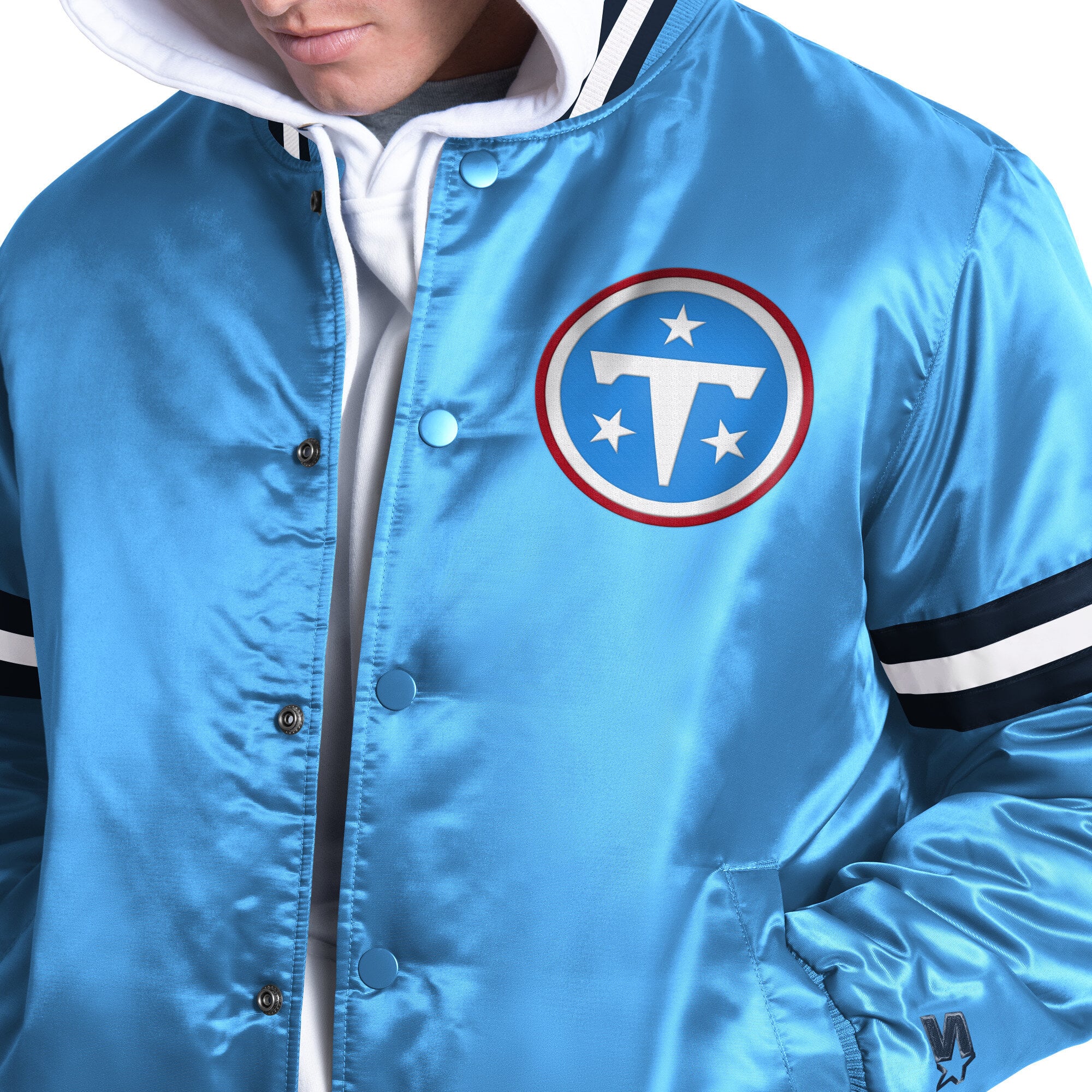 Veste universitaire Starter bleu clair pour homme, modèle Courtside des Tennessee Titans, fermeture à boutons-pression.