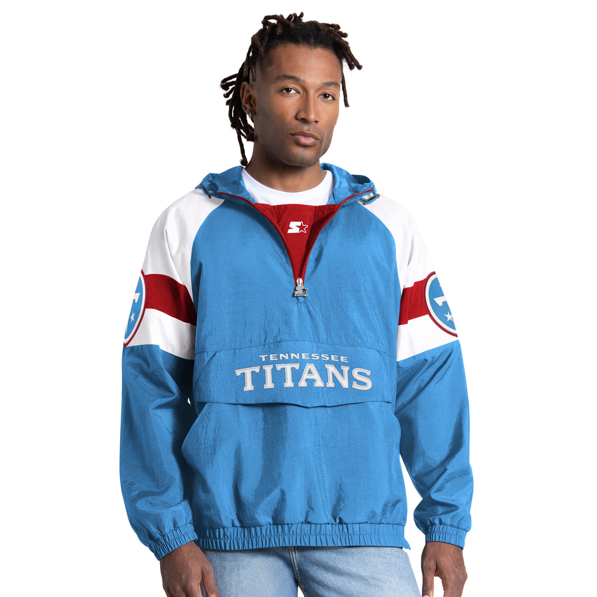 Veste Starter bleu clair pour homme, coupe streetwear, style Tennessee Titans, demi-zip