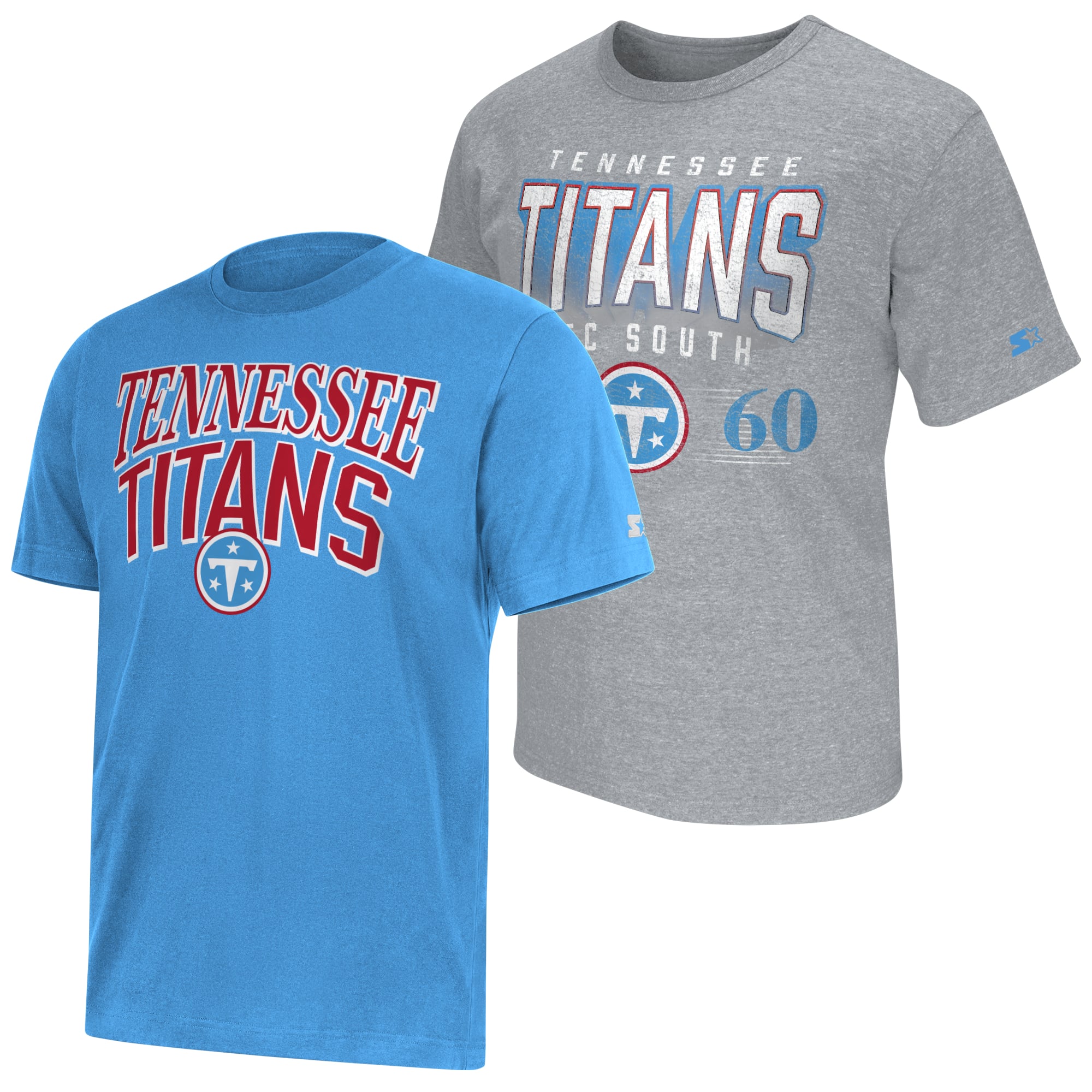 Lot de deux t-shirts à logo des Tennessee Titans, bleu clair/gris chiné, la marque Starter, pour homme.