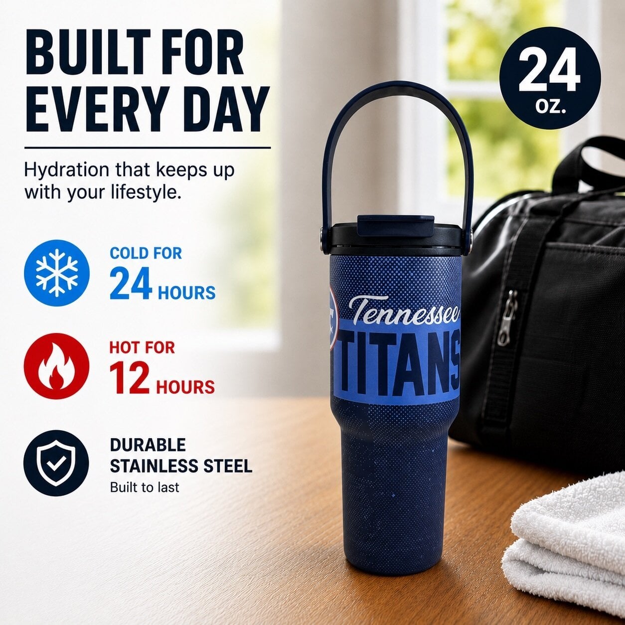 Gourde Pegasus Tennessee Titans 710 ml (24 oz) en acier inoxydable à double bouchon et motif moucheté dégradé