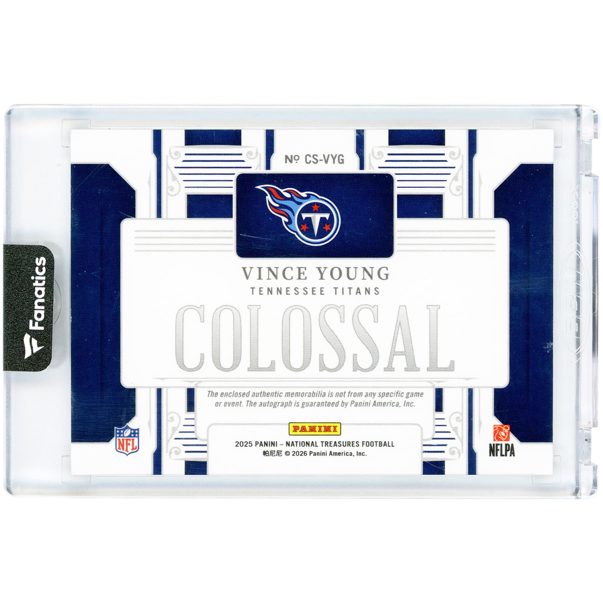 Carte Panini National Treasures Colossal Dual-Color Jersey Relic autographiée par Vince Young (Tennessee Titans) 2025 #CS-VYG #39/49