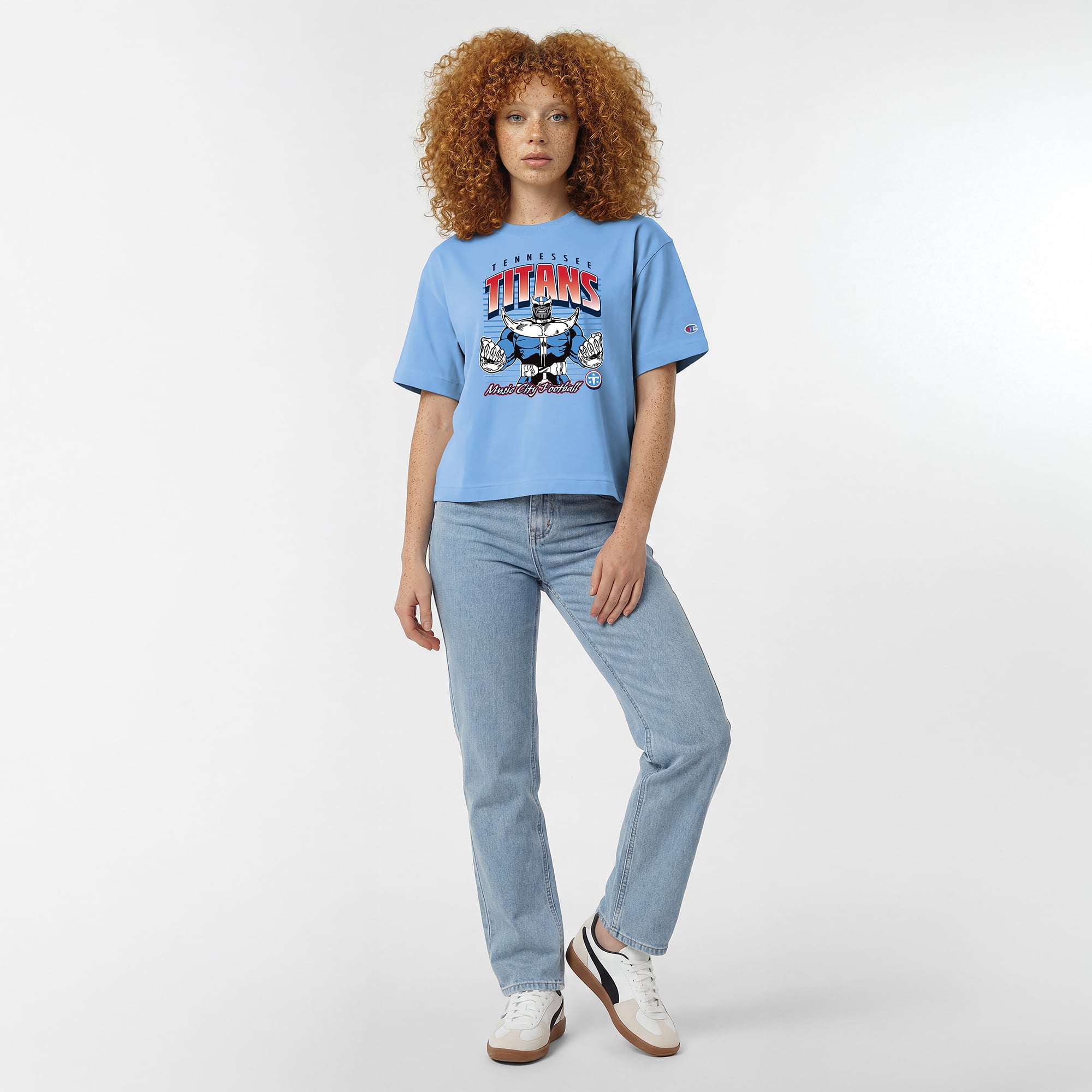 T-shirt Disney x Champion bleu clair Tennessee Titans Thanos All-Star pour femmes