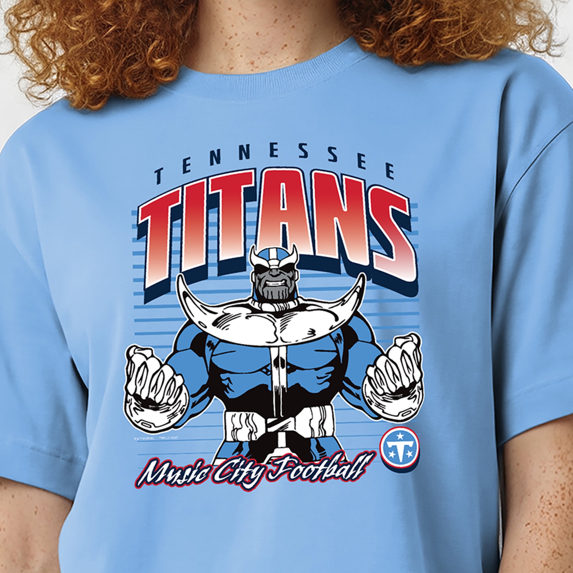T-shirt Disney x Champion bleu clair Tennessee Titans Thanos All-Star pour femmes