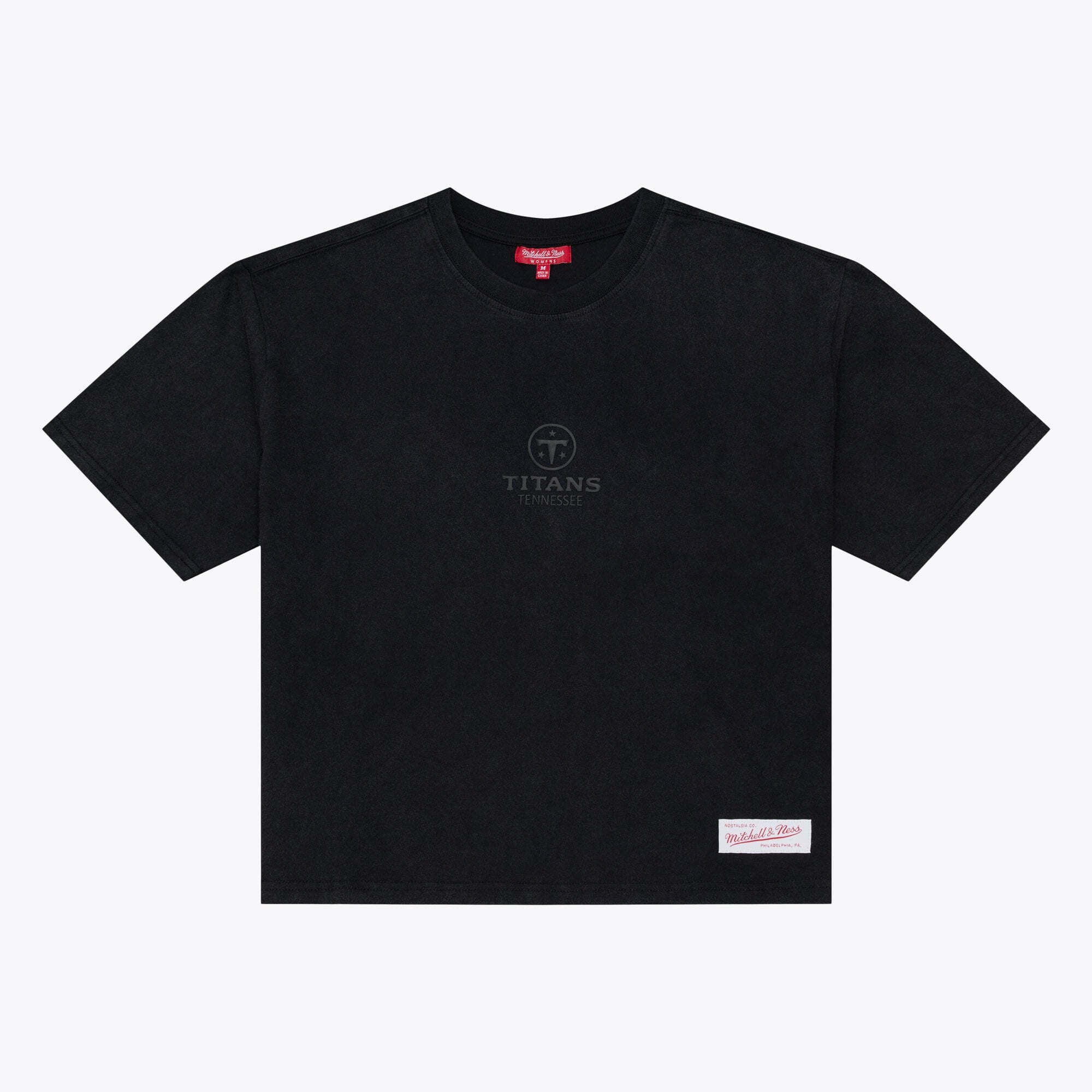 Women's Mitchell & Ness Black Tennessee Titans Core Essentials Micro Logo Boxy Crop T-Shirt