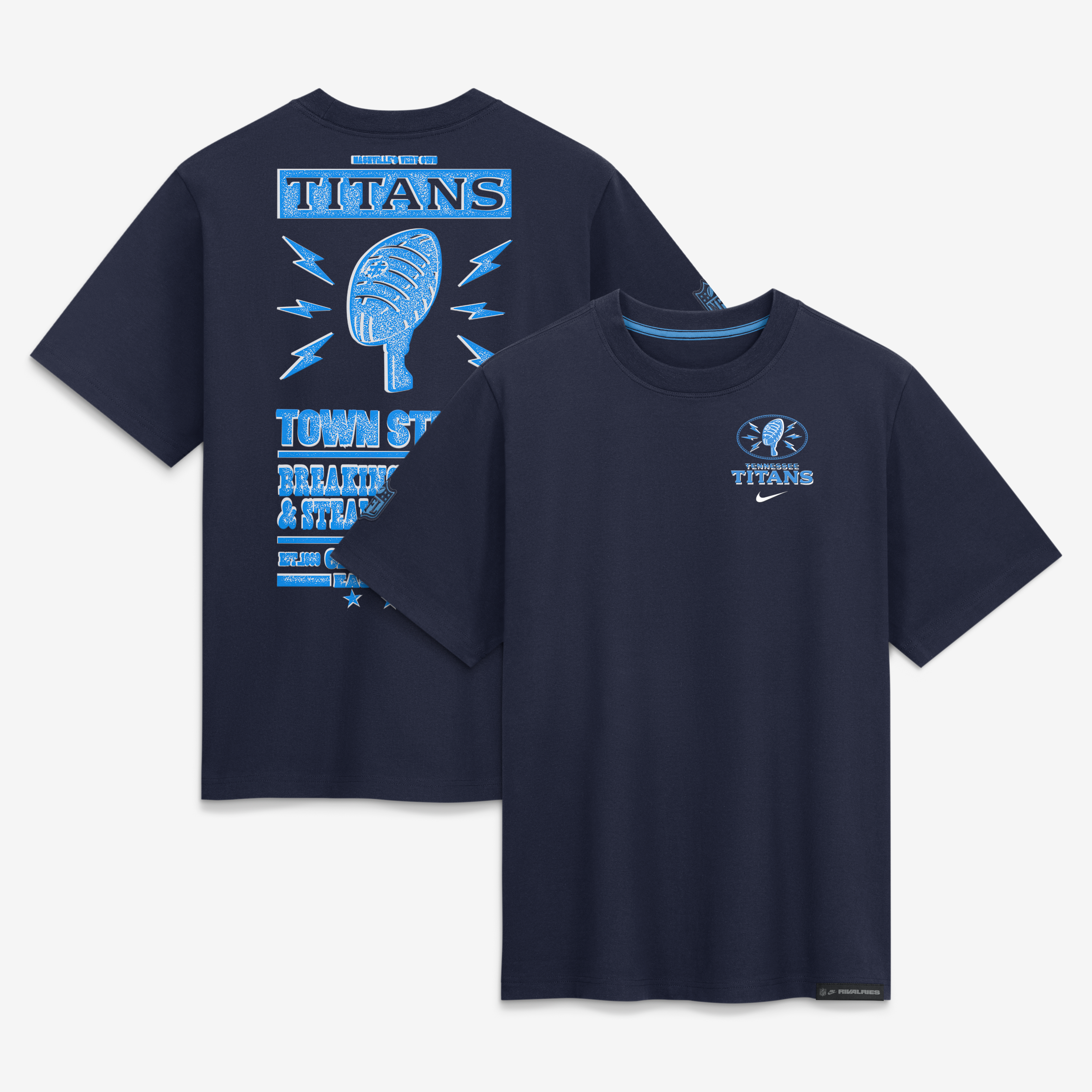 T-shirt boyfriend ample Nike pour femme, collection Tennessee Titans 2026, bleu marine.
