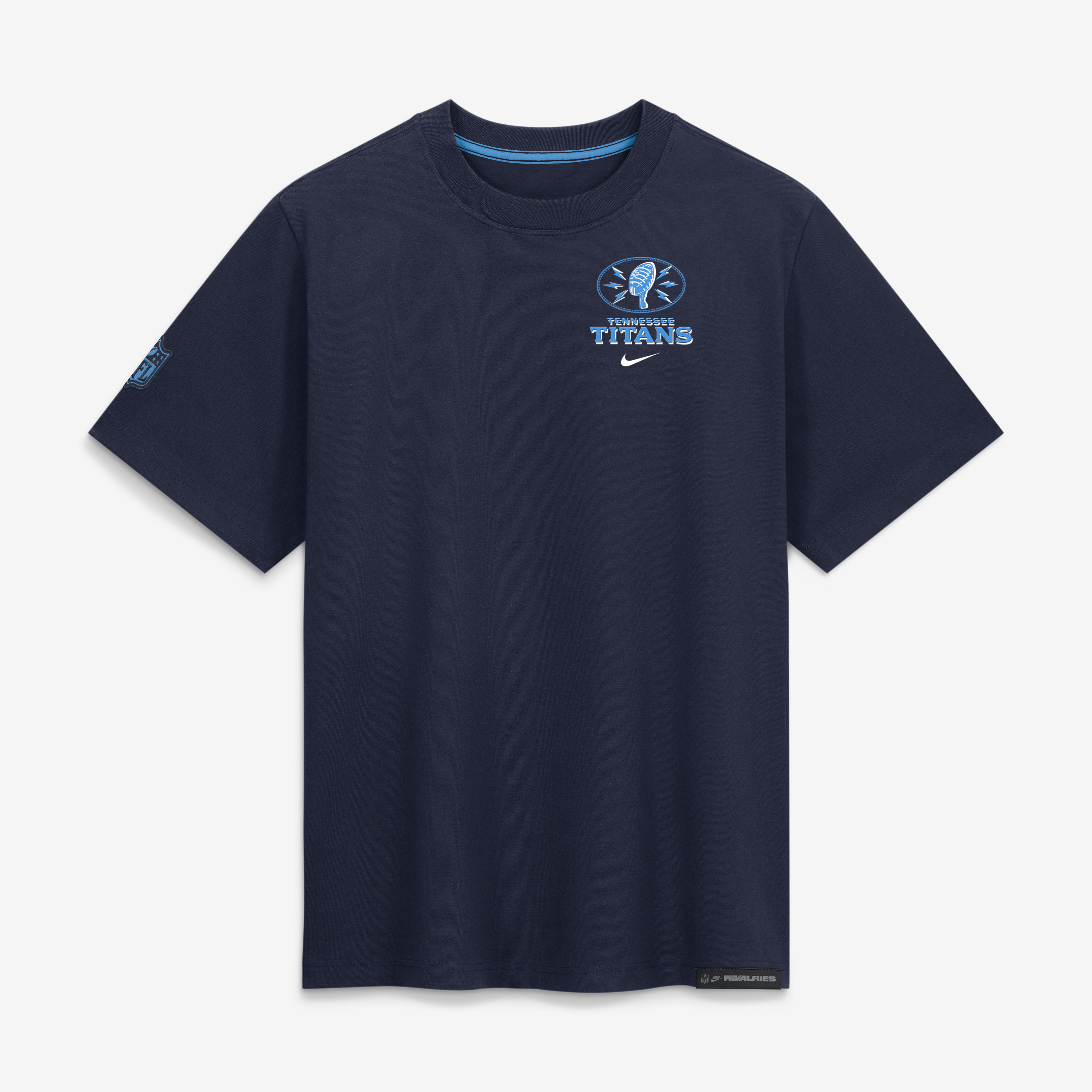 T-shirt boyfriend ample Nike pour femme, collection Tennessee Titans 2026, bleu marine.