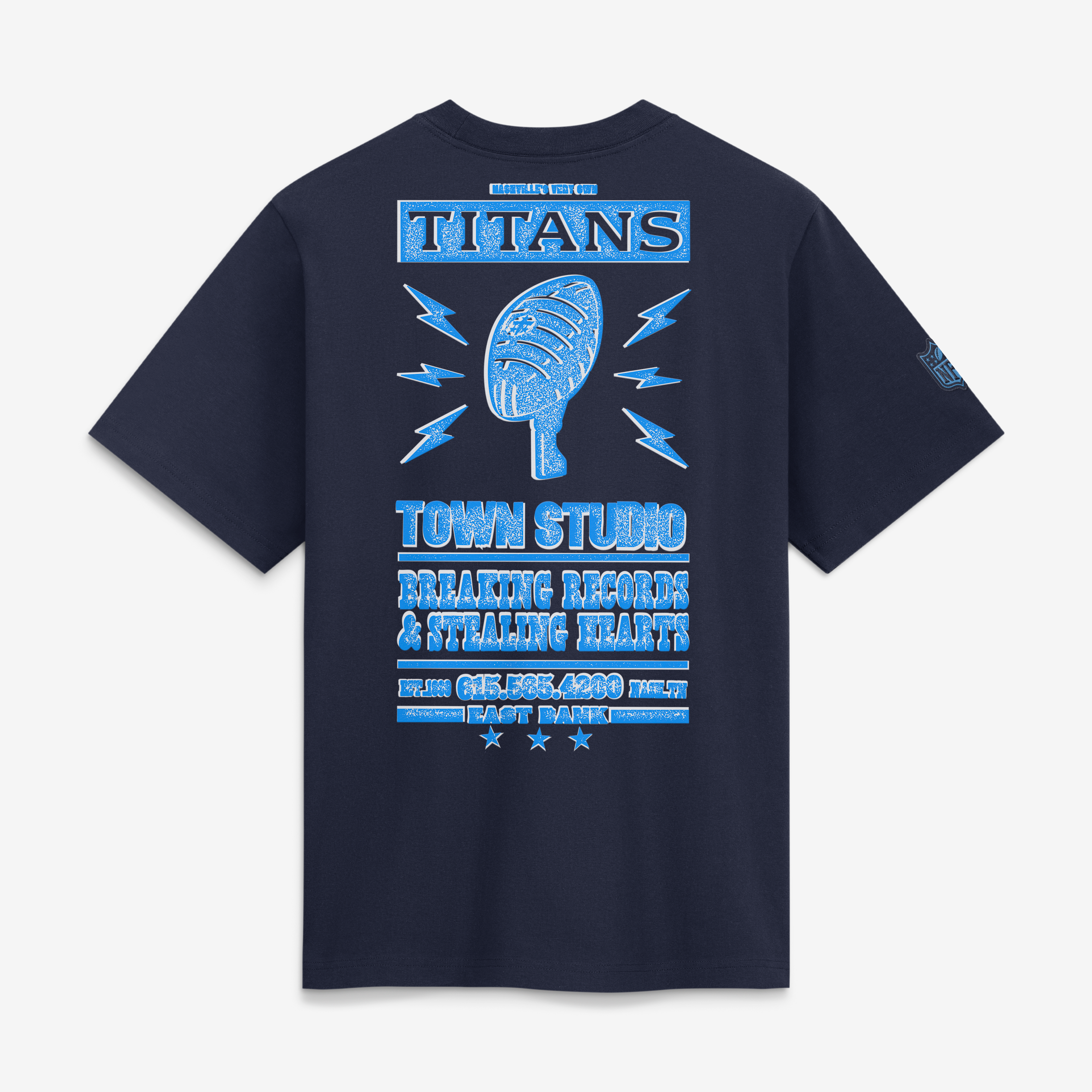 T-shirt boyfriend ample Nike pour femme, collection Tennessee Titans 2026, bleu marine.