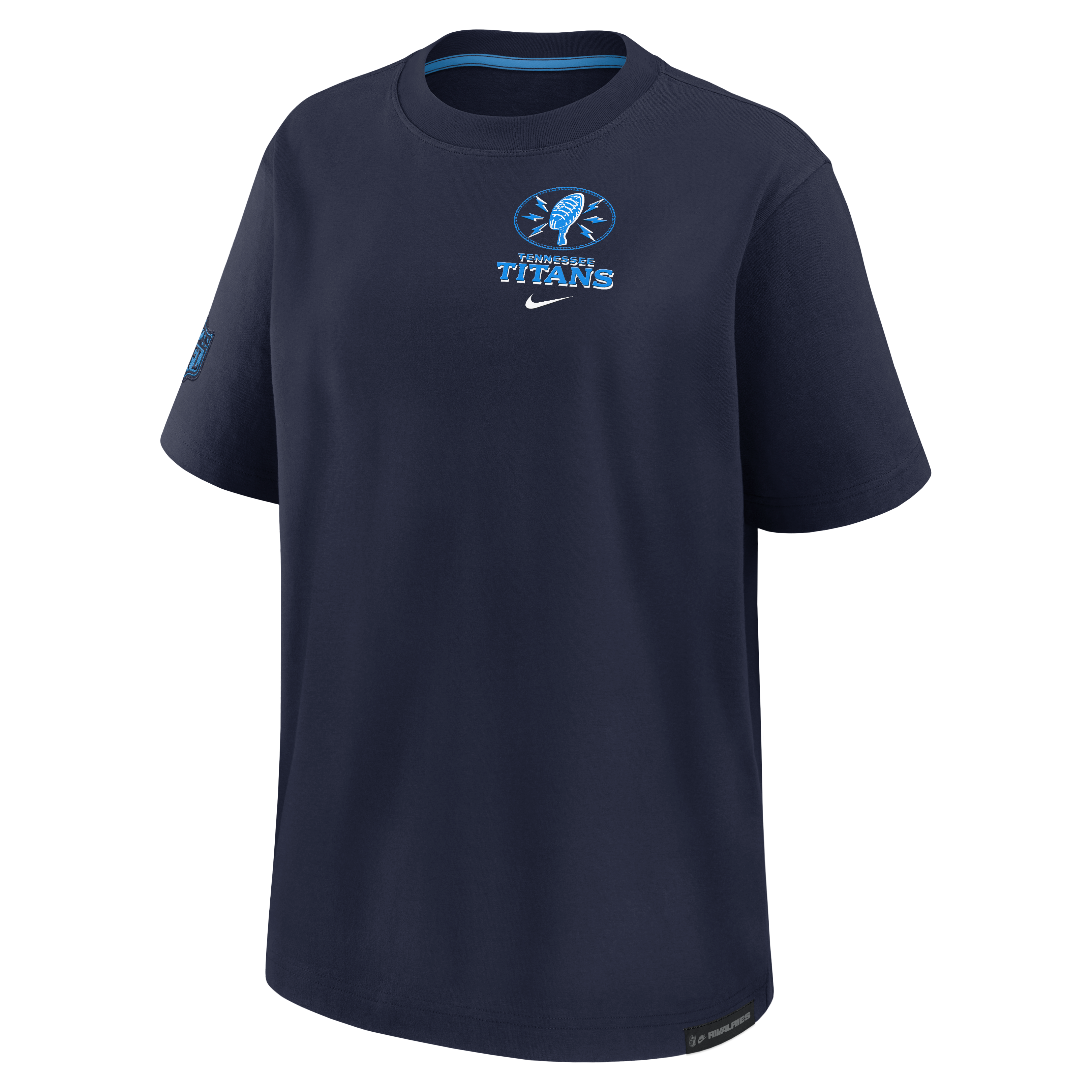 T-shirt boyfriend ample Nike pour femme, collection Tennessee Titans 2026, bleu marine.