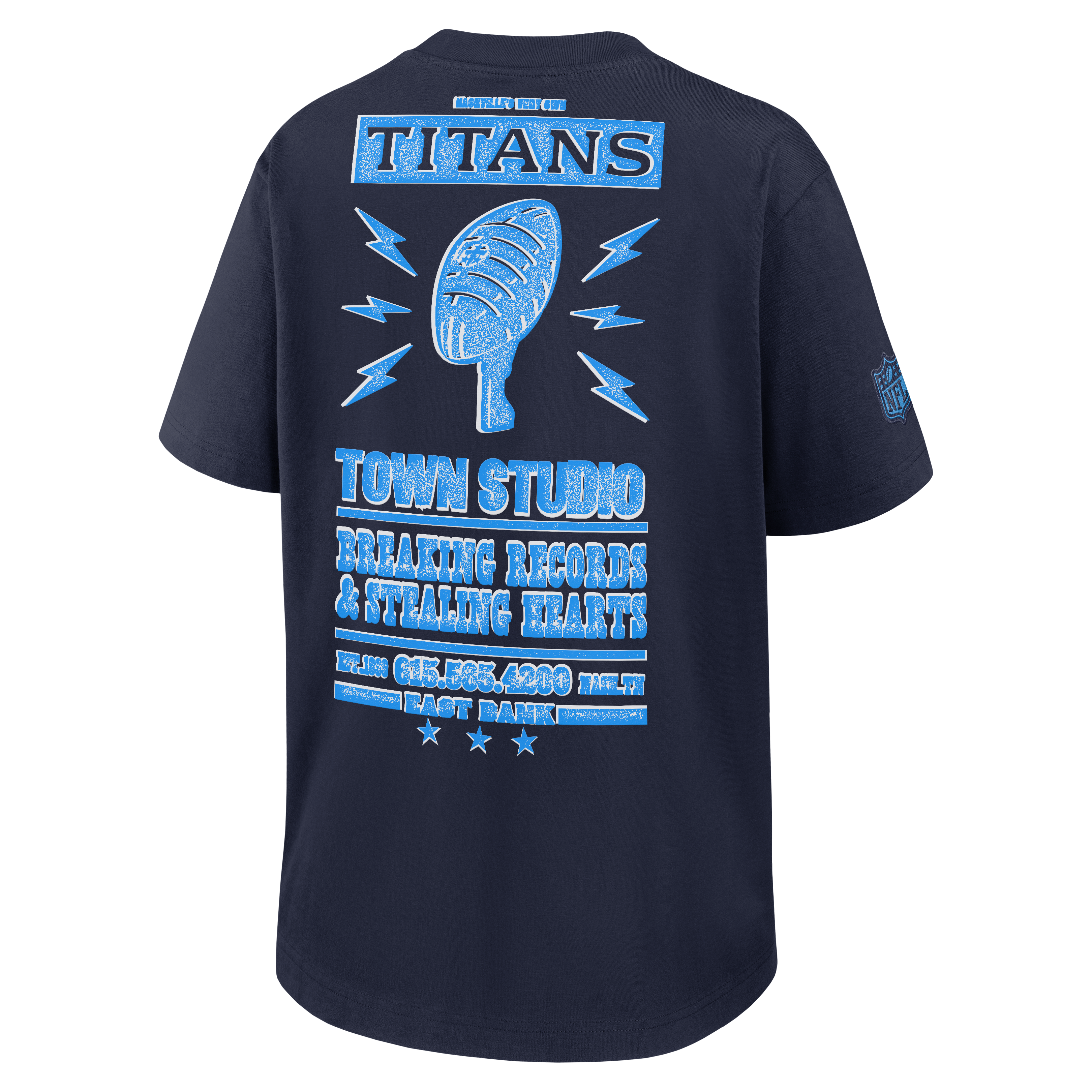 T-shirt boyfriend ample Nike pour femme, collection Tennessee Titans 2026, bleu marine.