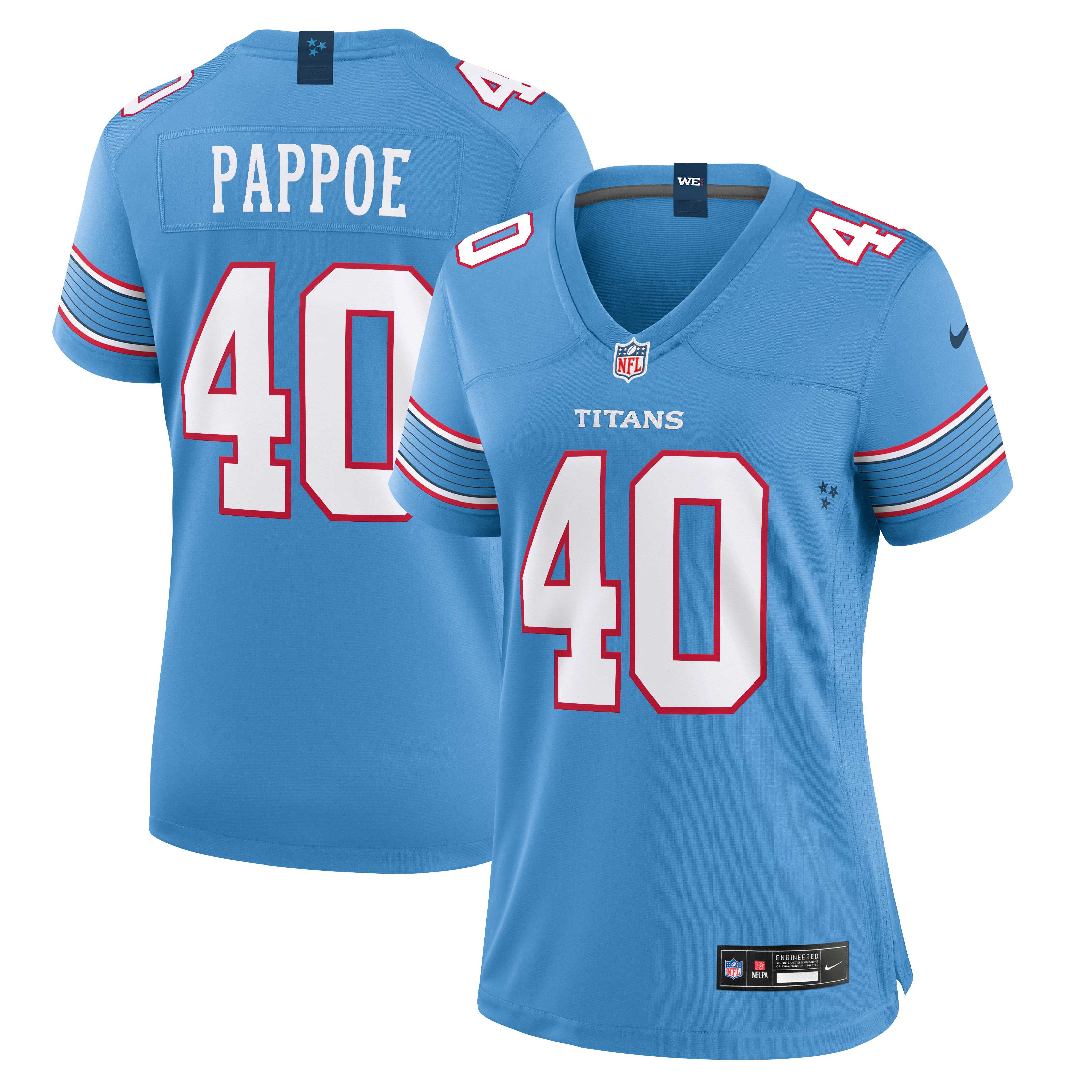 Maillot de match Nike Owen Pappoe bleu clair des Tennessee Titans pour femmes